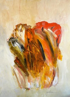 Orange" Abstrait contemporain en mixed media noir et orange de Gail Lehman