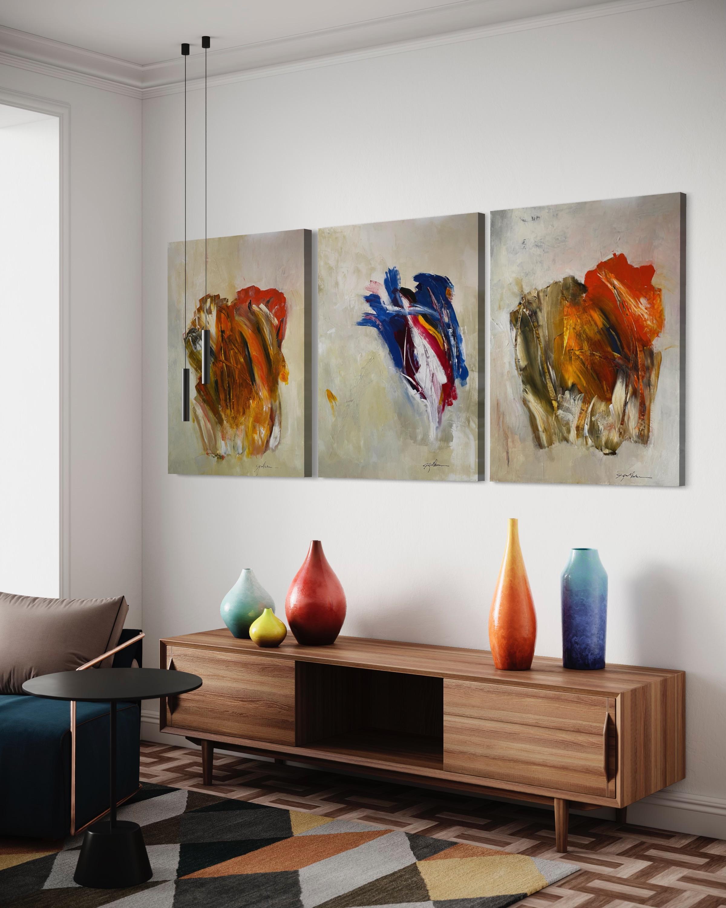 'Symphony' Triptych - Green, Blue, Orange - Contemporary Abstract By Gail Lehman For Sale 14