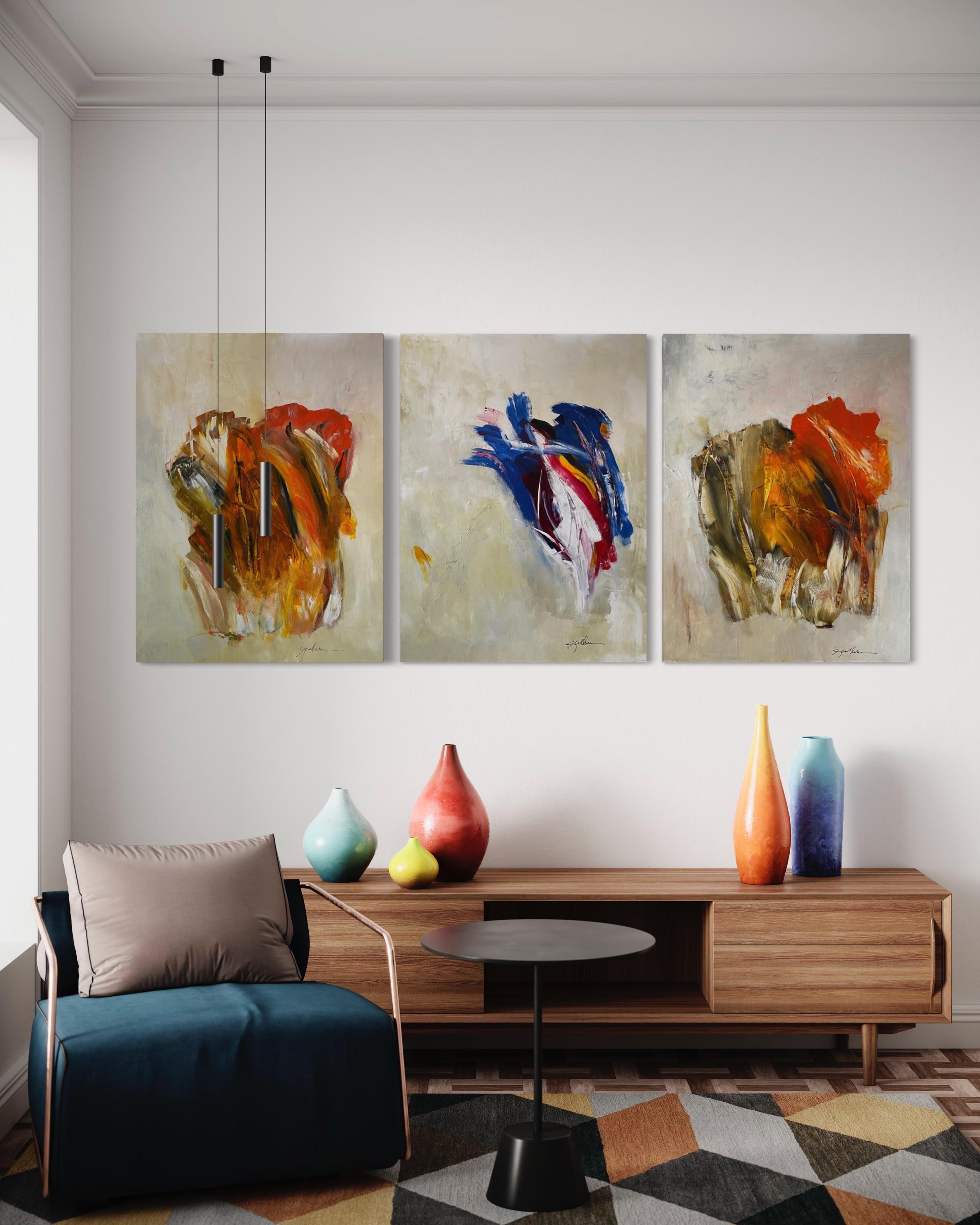 'Symphony' Triptych - Green, Blue, Orange - Contemporary Abstract By Gail Lehman For Sale 1