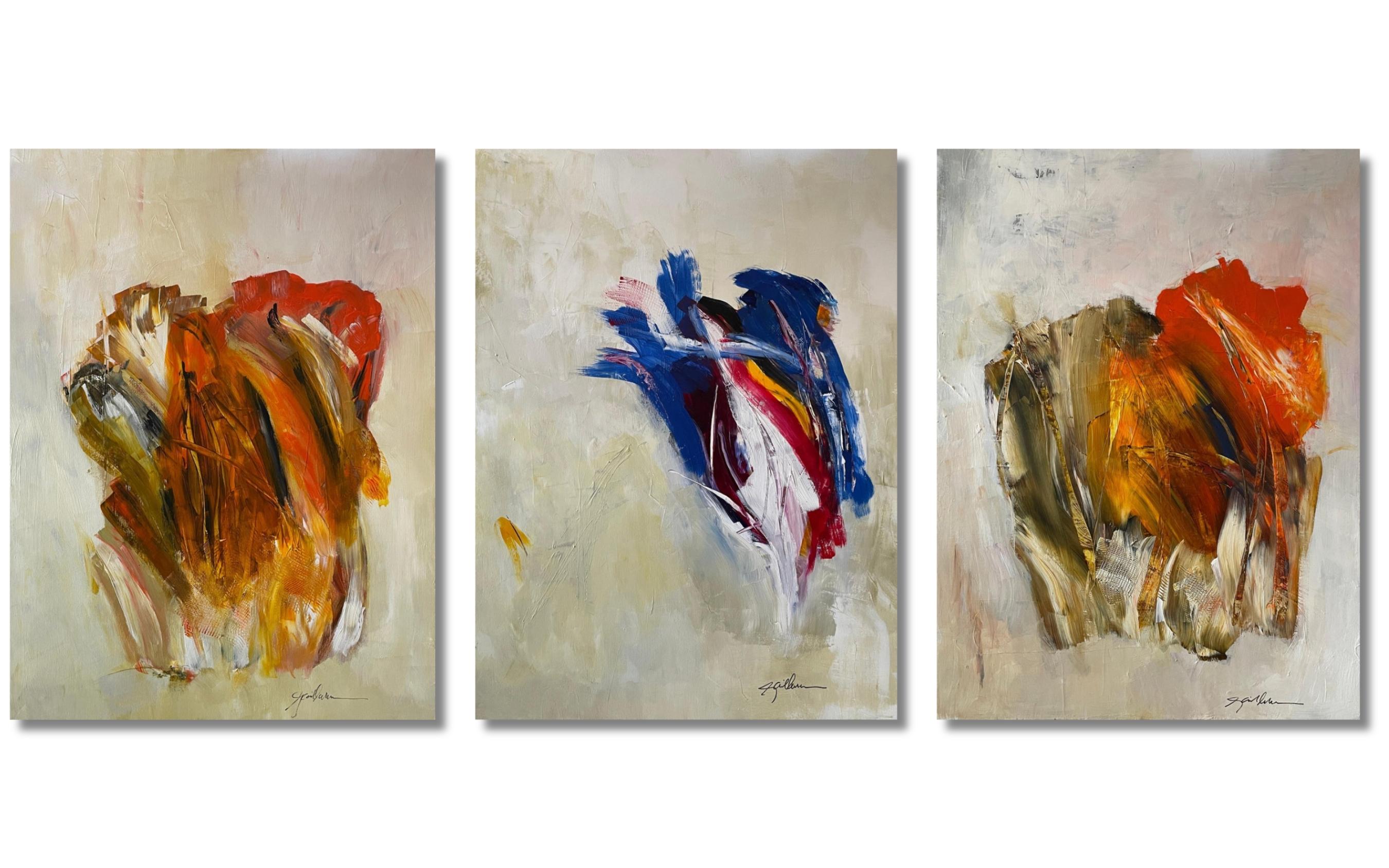 'Symphony' Triptych - Green, Blue, Orange - Contemporary Abstract By Gail Lehman