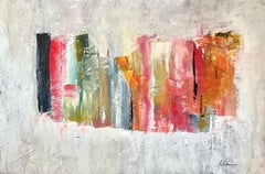 "Aldea" de Gail Lehman - Abstracto contemporáneo de vivos colores sobre gris