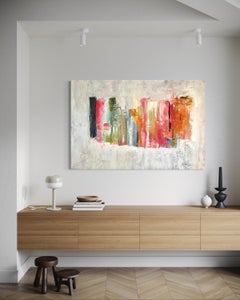 "Village" par Gail Lehman - Abstrait contemporain aux couleurs vives sur fond gris