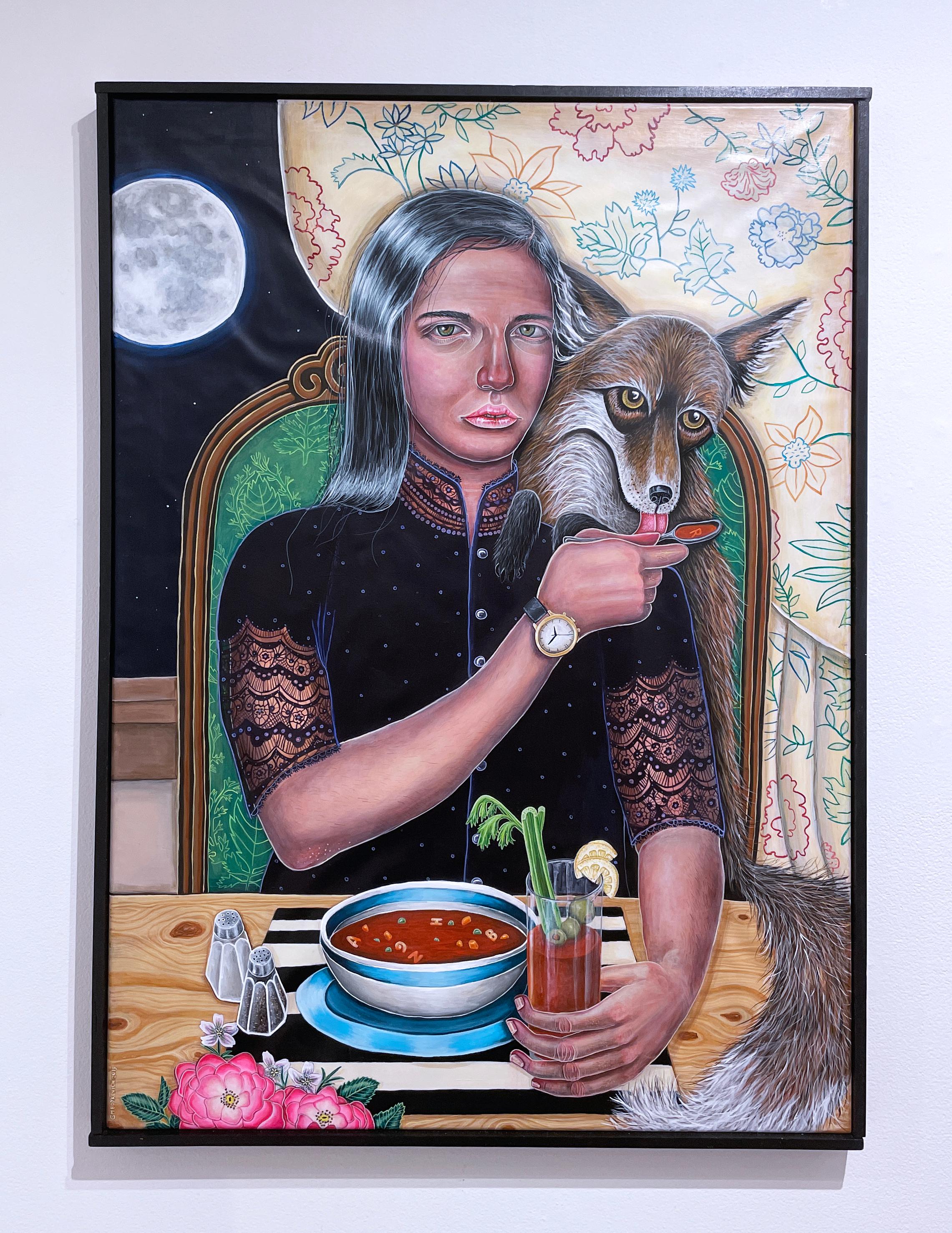 Alphabet Soup (2019) quadro d'interni figurativo surrealista incorniciato, volpe e luna - Painting di Gail M. Boykewich