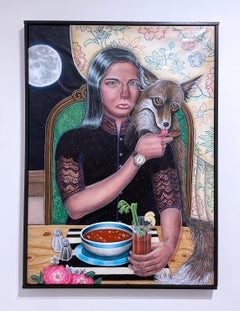 Alphabet Soup (2019) framed figurative surrealist interiors painting, fox & moon