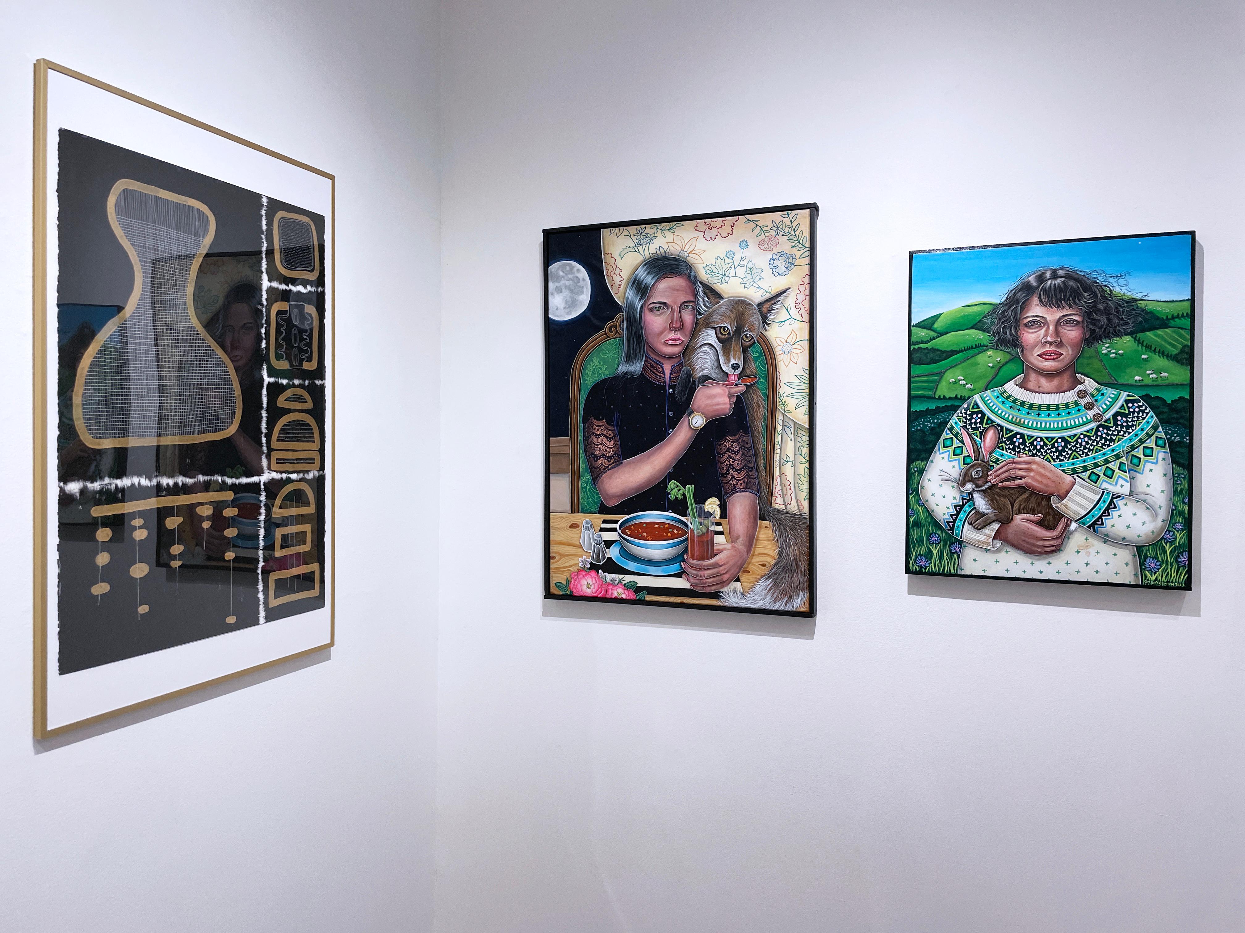 Alphabet Soup (2019) quadro d'interni figurativo surrealista incorniciato, volpe e luna in vendita 1