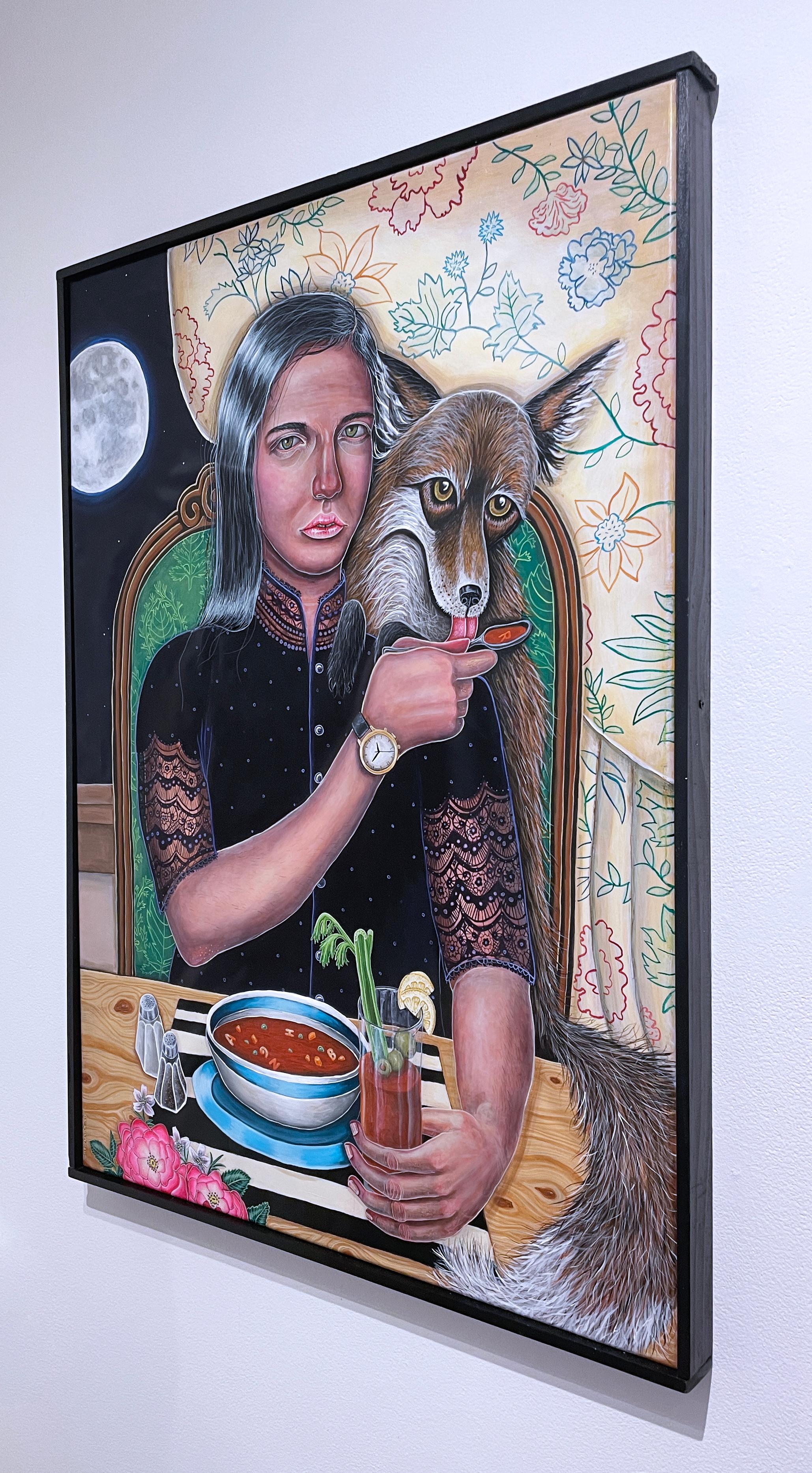 Alphabet Soup (2019) framed figurative surrealist interiors painting, fox & moon - Contemporary Painting by Gail M. Boykewich