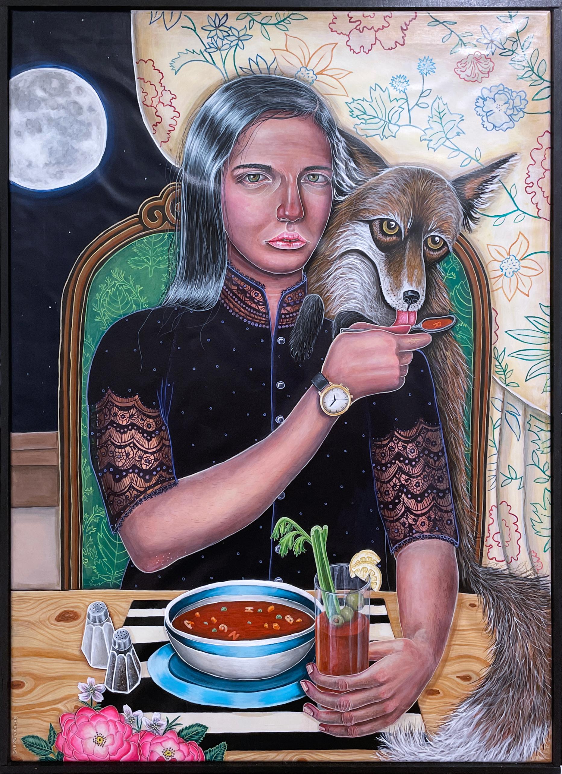 Alphabet Soup (2019) framed figurative surrealist interiors painting, fox & moon