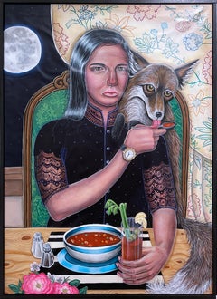Alphabet Soup (2019) framed figurative surrealist interiors painting, fox & moon