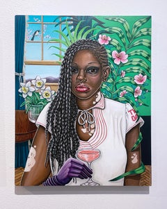 Femme Fatale, figurative portrait painting, woman with braids, bubbly, bird