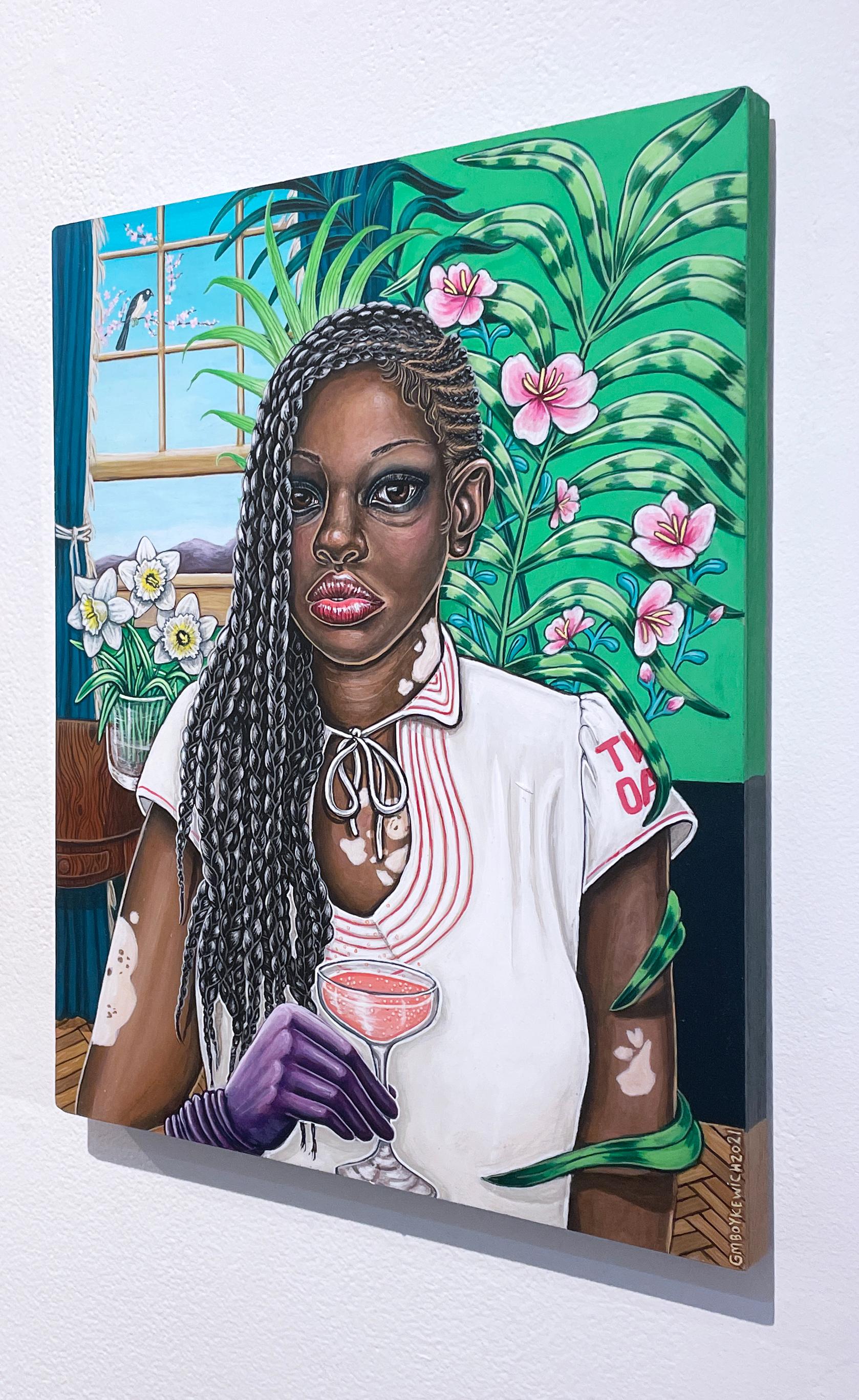 Femme Fatale, pintura retrato figurativo, mujer con trenzas, burbujeante, pájaro - Portrait Painting Marrón de Gail M. Boykewich