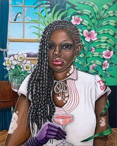 Femme Fatale, pintura retrato figurativo, mujer con trenzas, burbujeante, pájaro