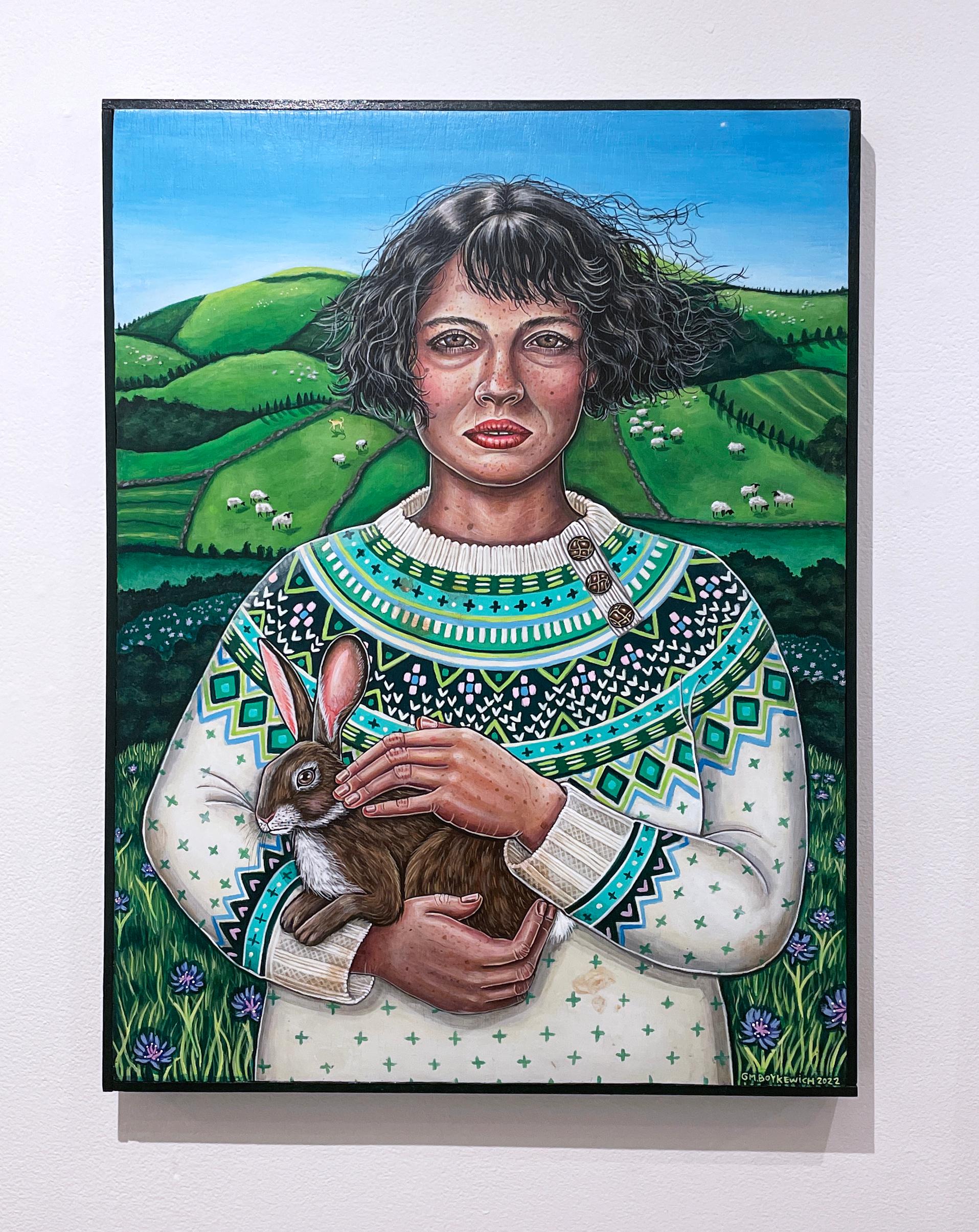 Isla and Brown Bunny (2022) framed figurative painting, animal, woman, landscape - Painting by Gail M. Boykewich