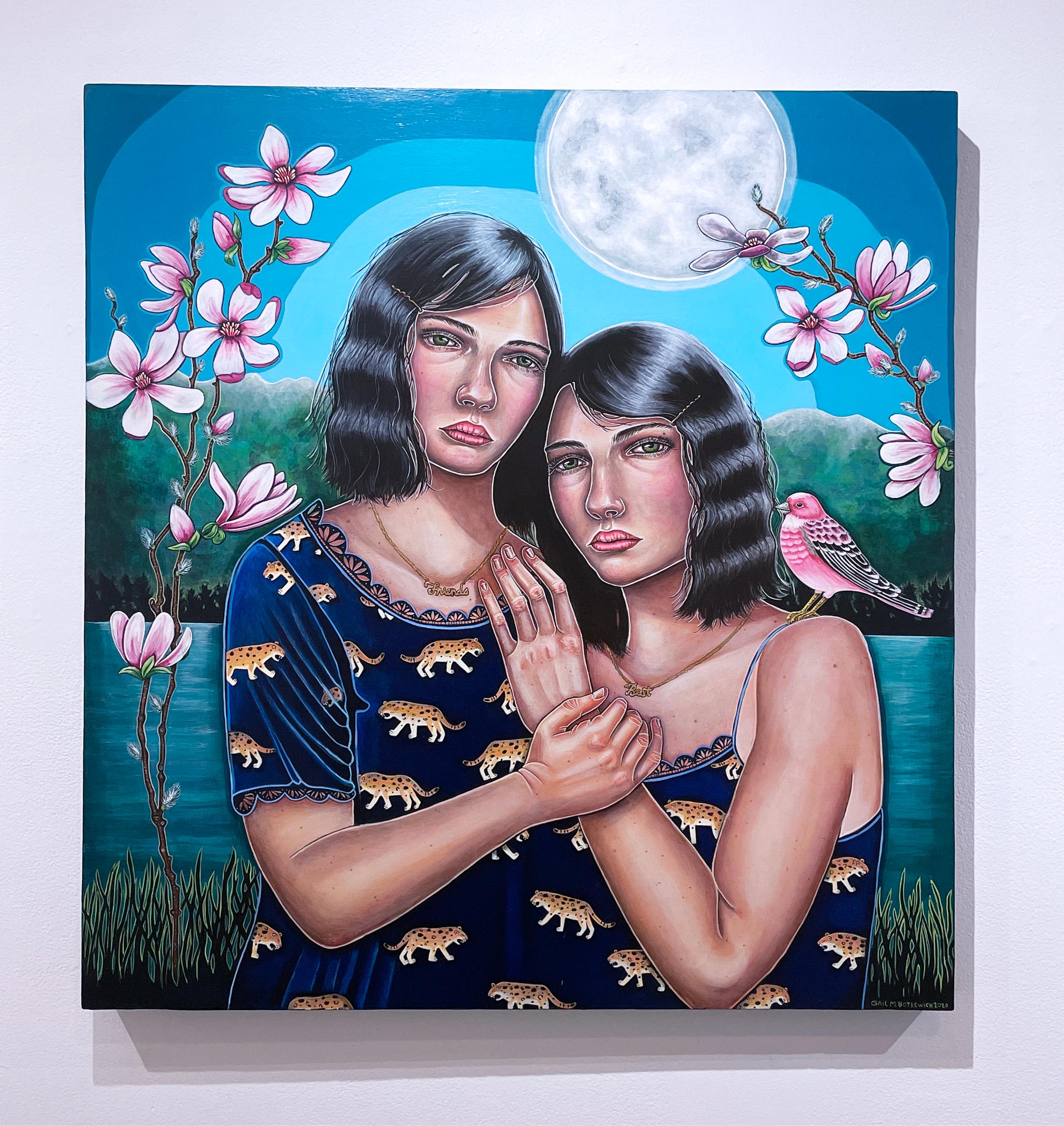 Mondlicht Magnolia (2020) quadratisches figuratives Gemälde, Vogel, Frauen, Landschaft – Painting von Gail M. Boykewich