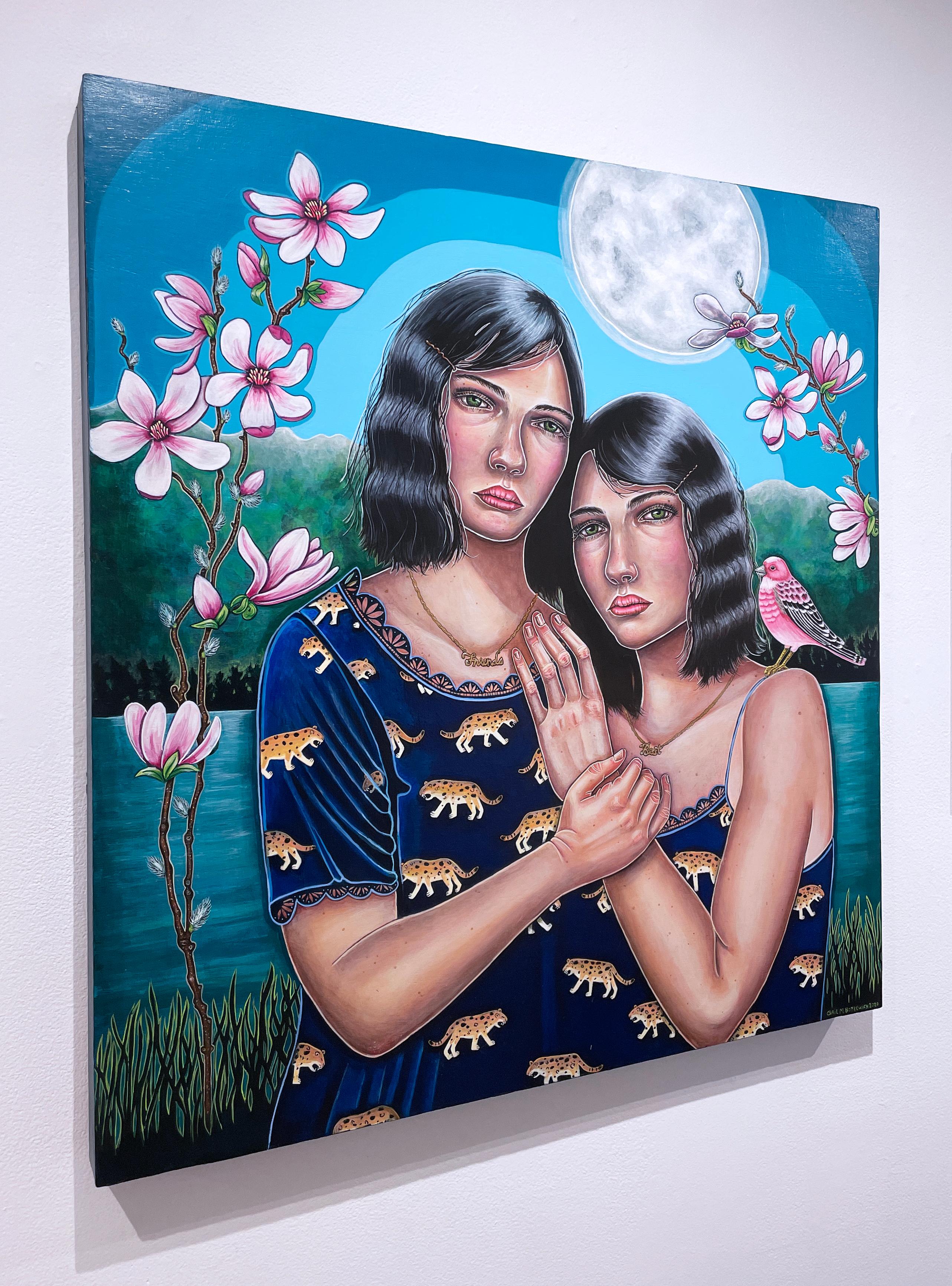 Mondlicht Magnolia (2020) quadratisches figuratives Gemälde, Vogel, Frauen, Landschaft (Zeitgenössisch), Painting, von Gail M. Boykewich