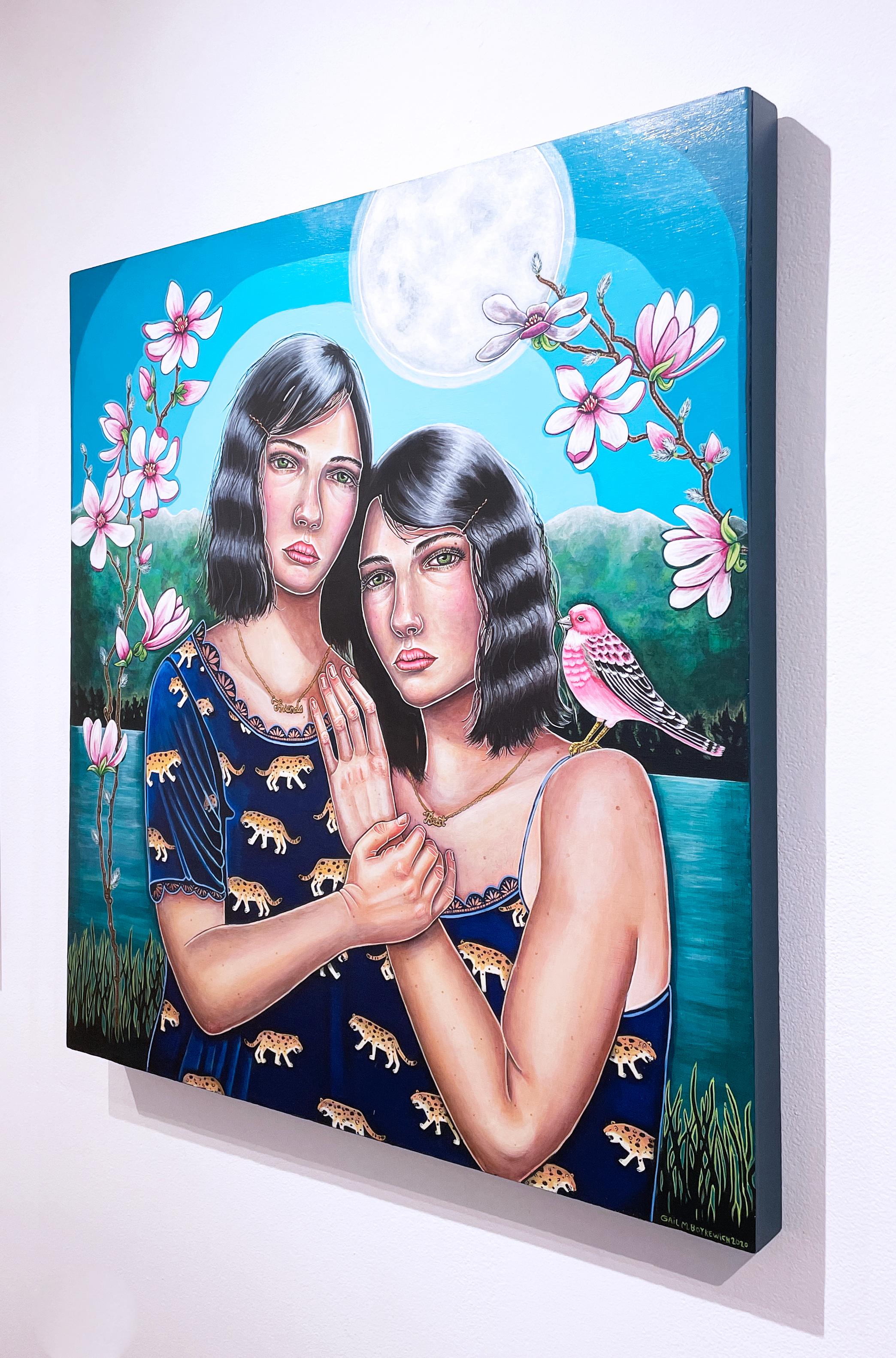 Mondlicht Magnolia (2020) quadratisches figuratives Gemälde, Vogel, Frauen, Landschaft (Braun), Figurative Painting, von Gail M. Boykewich
