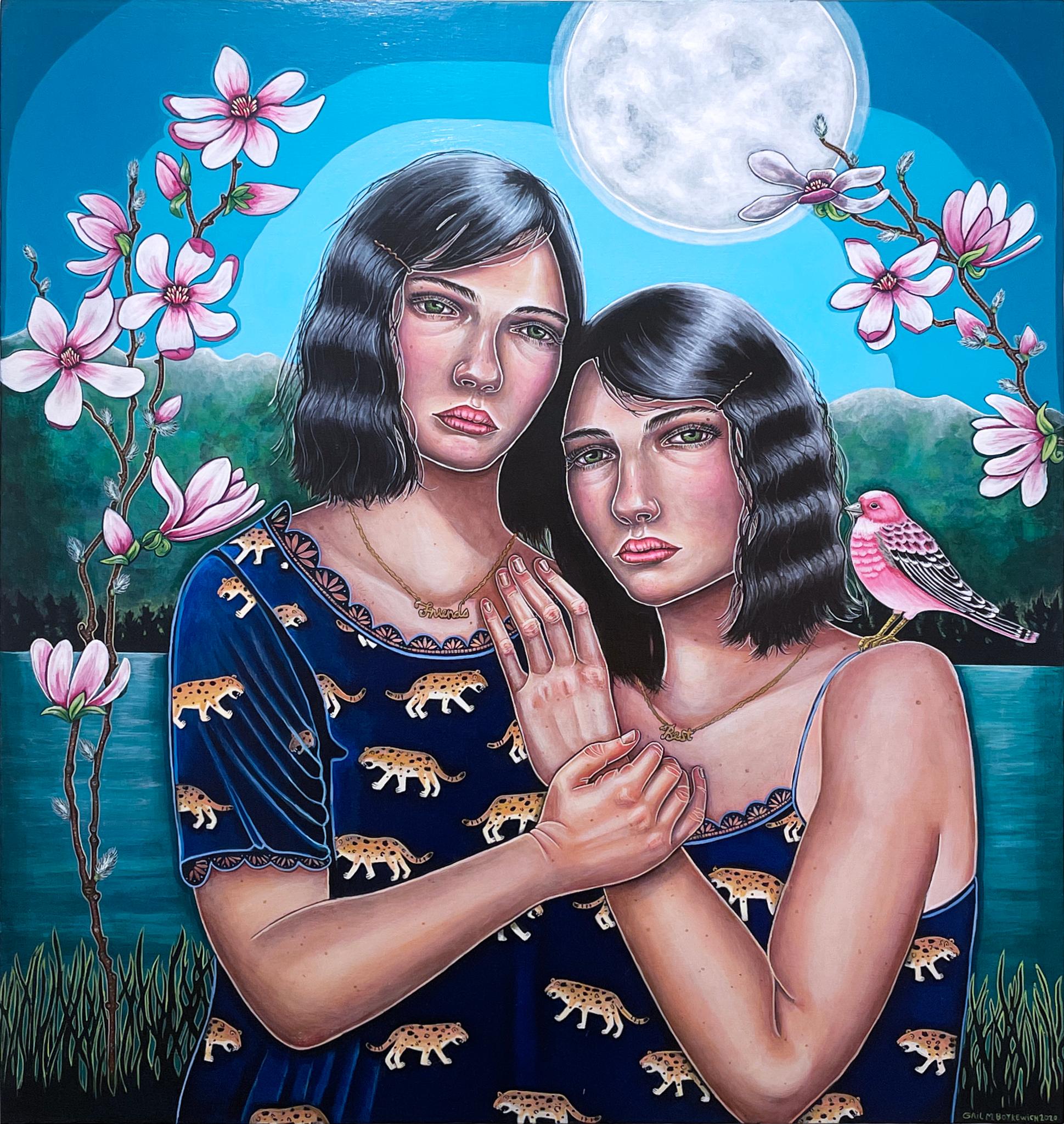 Mondlicht Magnolia (2020) quadratisches figuratives Gemälde, Vogel, Frauen, Landschaft