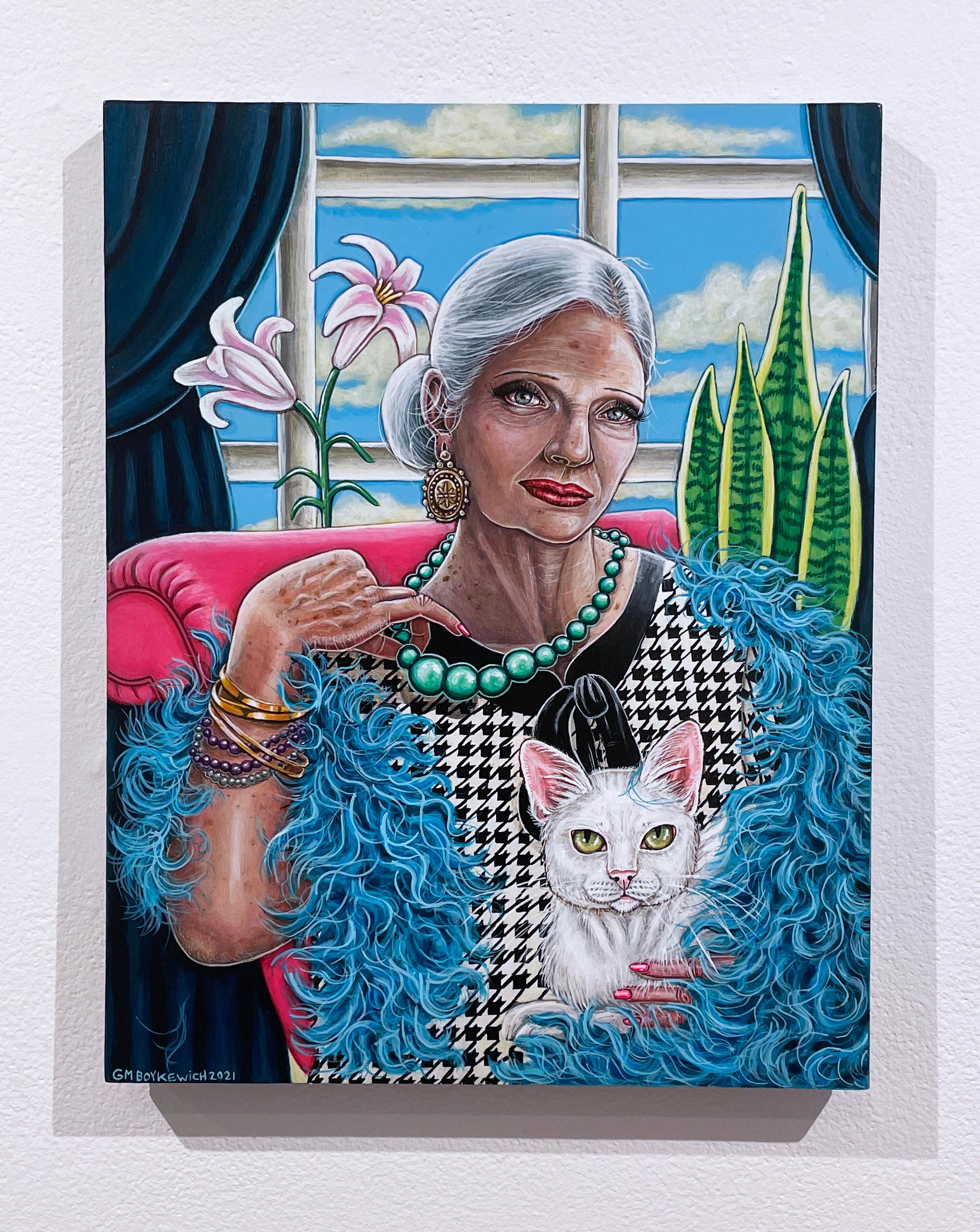 Mrs. Peacock, figurative portrait painting, woman with cat & liies, houndstooth  - Painting by Gail M. Boykewich