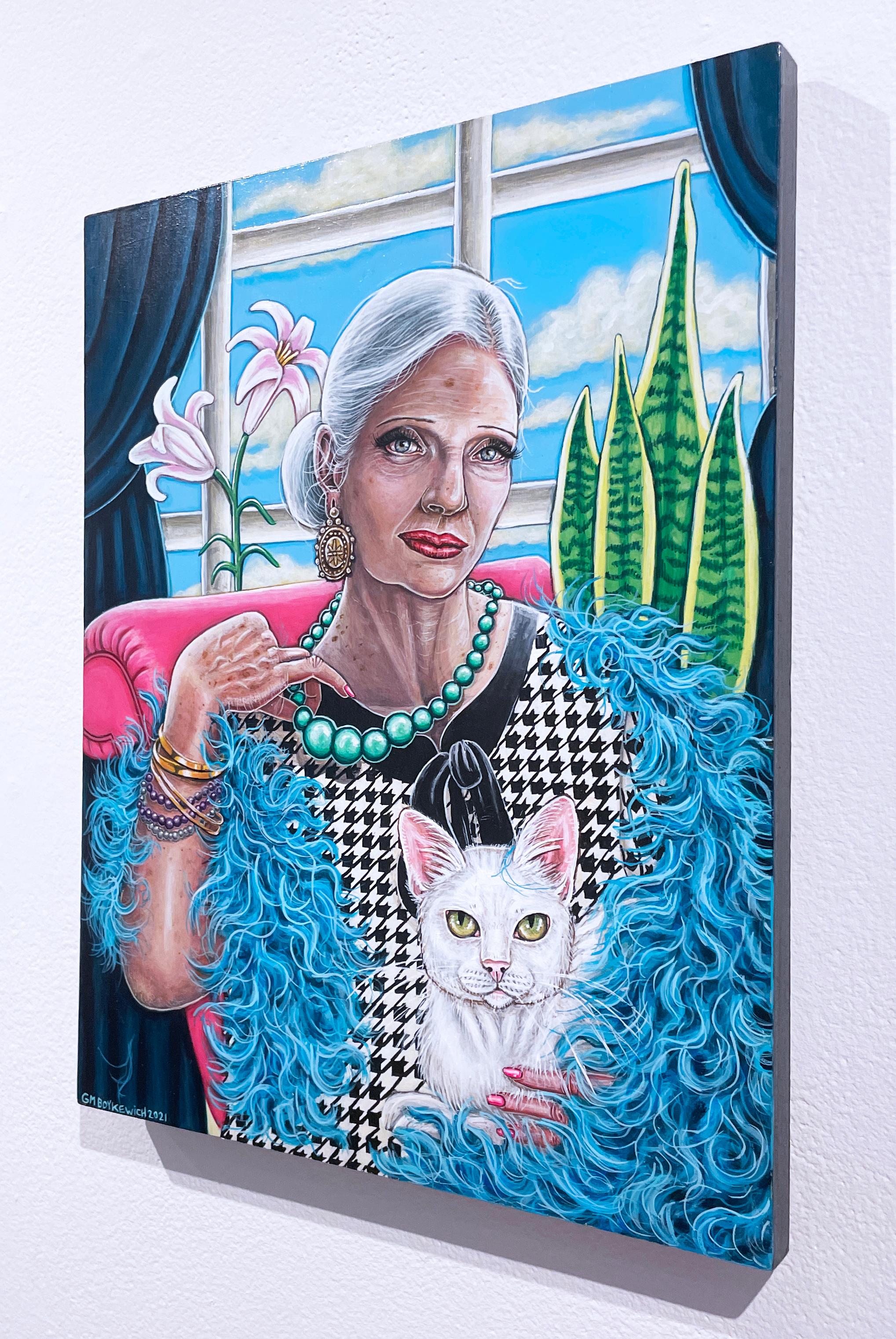 Mrs. Peacock, figurative portrait painting, woman with cat & liies, houndstooth  - Contemporary Painting by Gail M. Boykewich