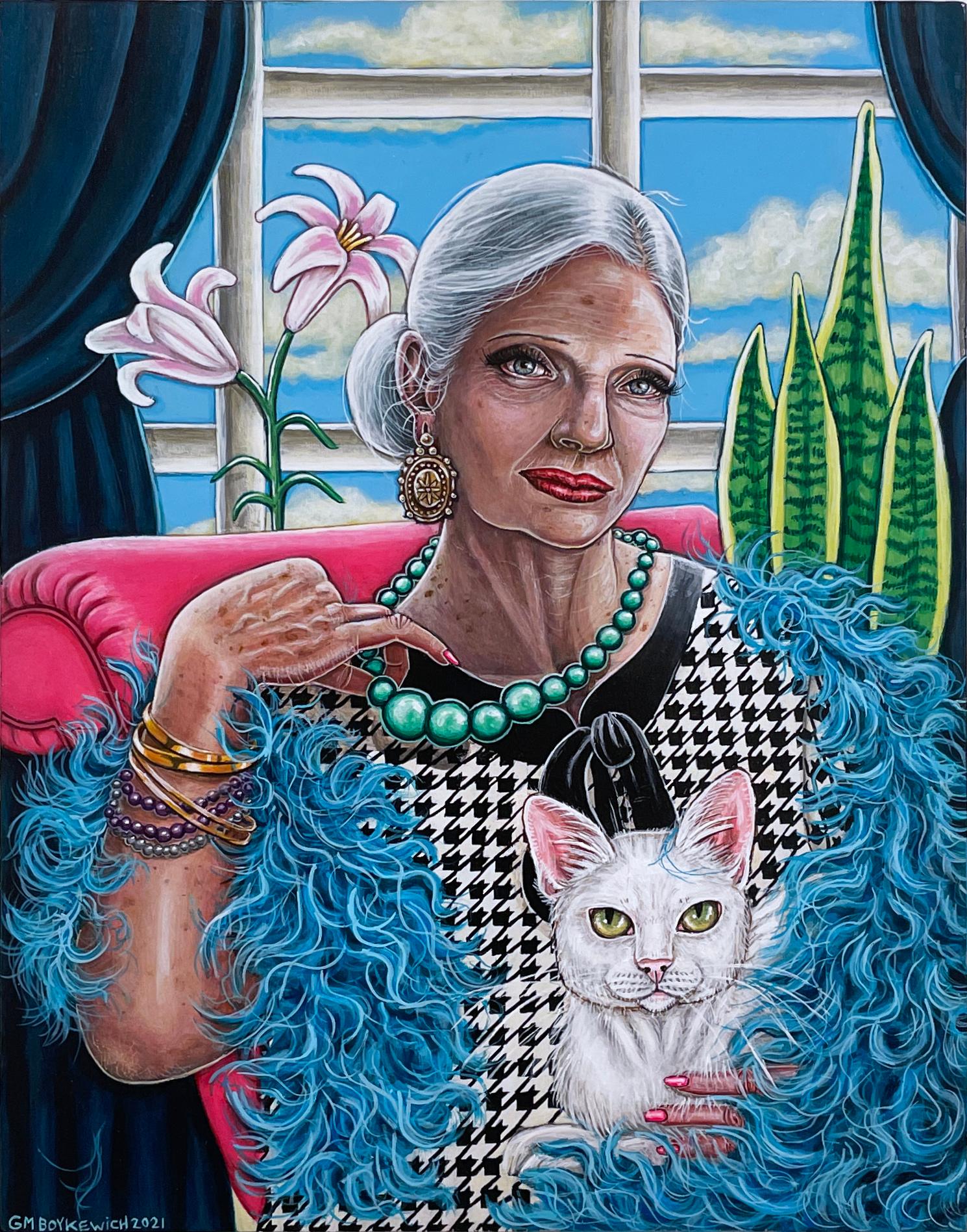 Mme Peacock, portrait figuratif, femme avec chat et lys, pied-de-poule 