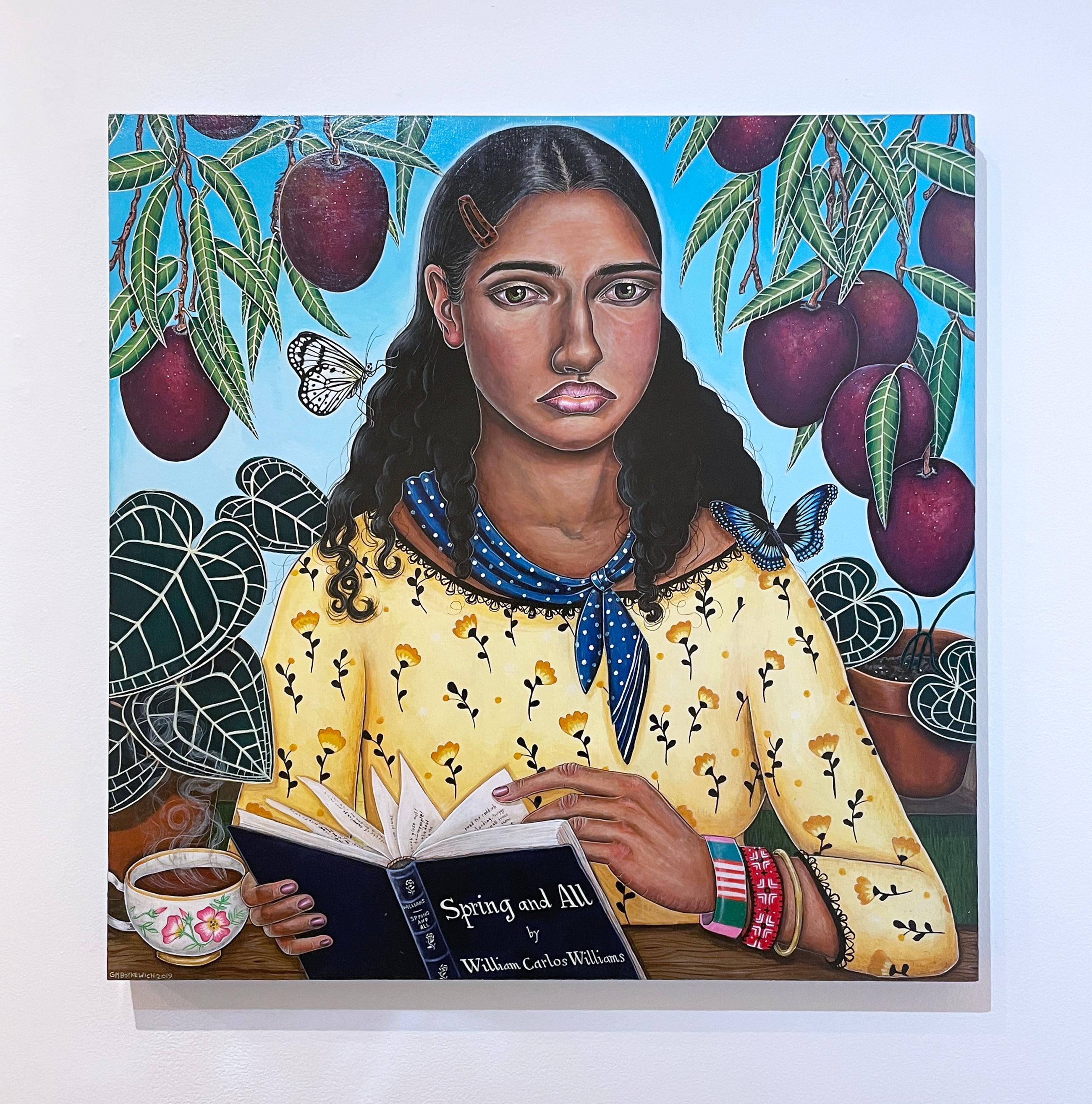 Spring and All (2019) square figurative painting, woman, fruit tree, plants, tea - Painting by Gail M. Boykewich