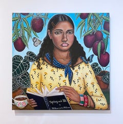 Spring and All (2019) square figurative painting, woman, fruit tree, plants, tea