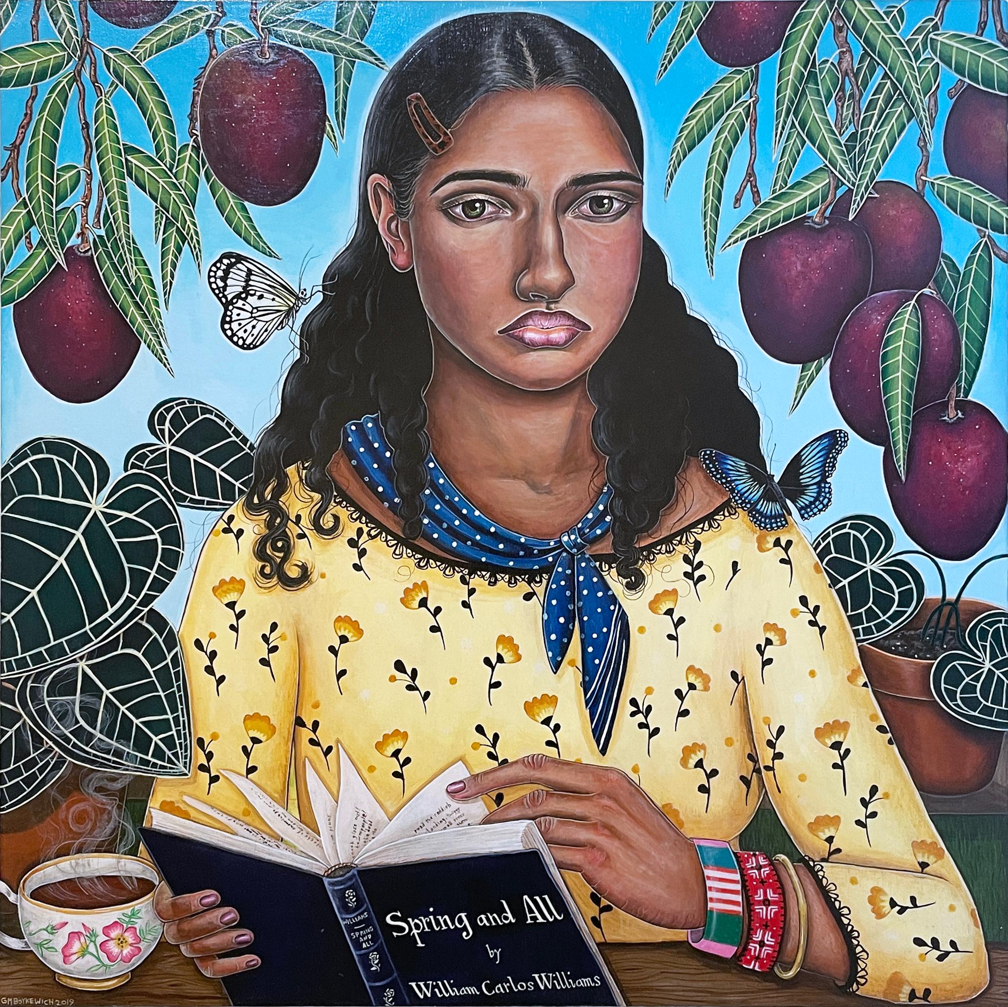 Primavera y todo (2019) cuadro figurativo cuadrado, mujer, árbol frutal, plantas, té