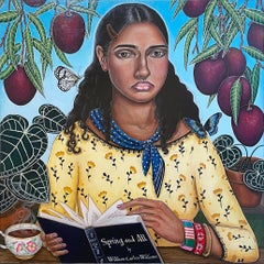 Primavera y todo (2019) cuadro figurativo cuadrado, mujer, árbol frutal, plantas, té