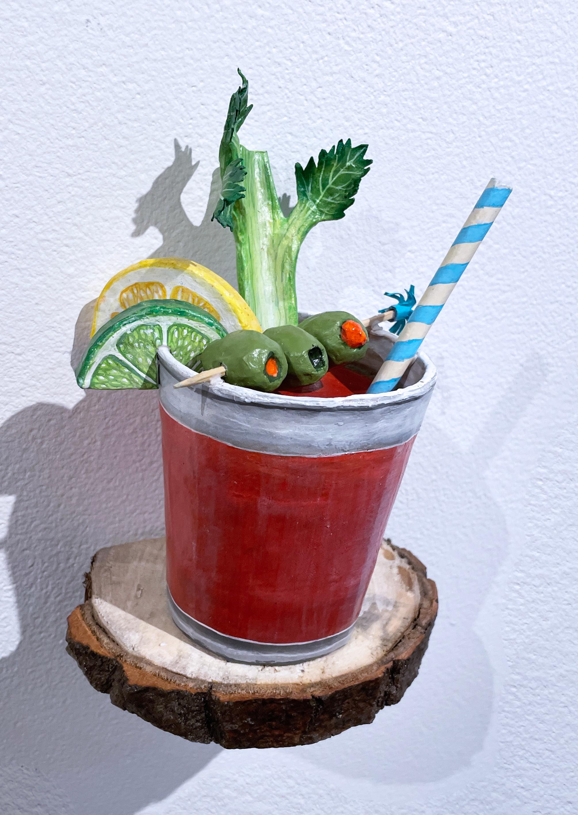 Bloody Mary, figurative paper mache wall sculpture, cocktail with celery, olive - Sculpture by Gail M. Boykewich