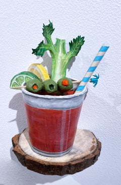 Bloody Mary, figurative paper mache wall sculpture, cocktail with celery, olive