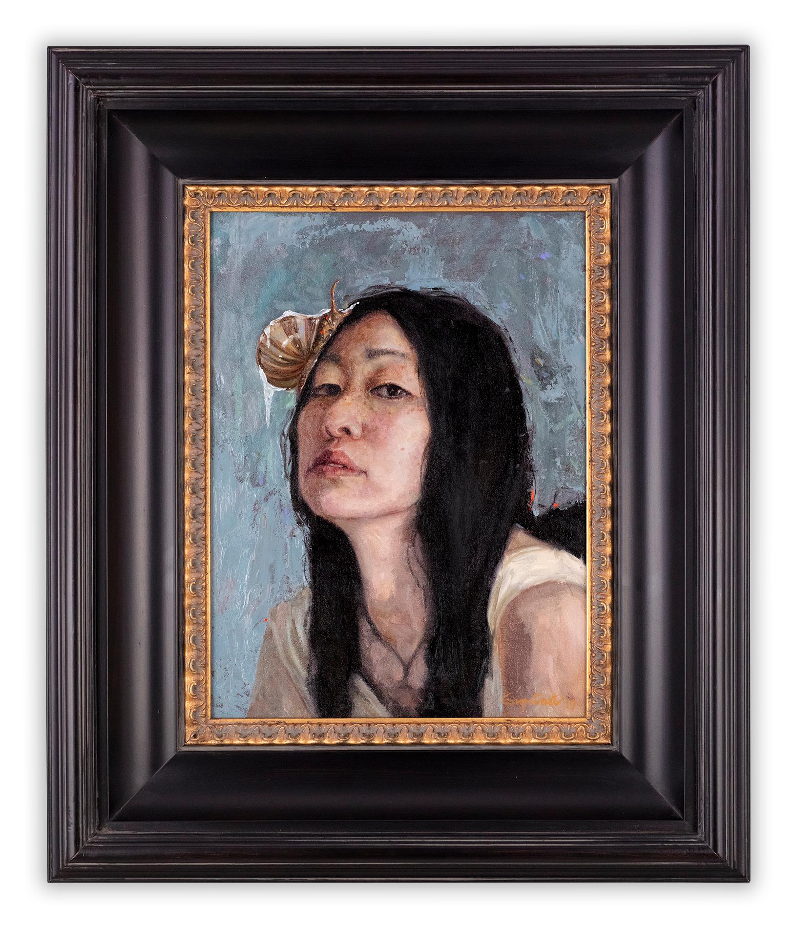 Gail Potockis Studie aus ihrer Serie der sieben Todsünden verkörpert die Faulheit durch eine gefrorene Figur und ihren eisigen Schneckengefährten. Symbolistisches Ölgemälde auf Leinen, 2017. Dieses Kunstwerk ist professionell gerahmt und wird mit