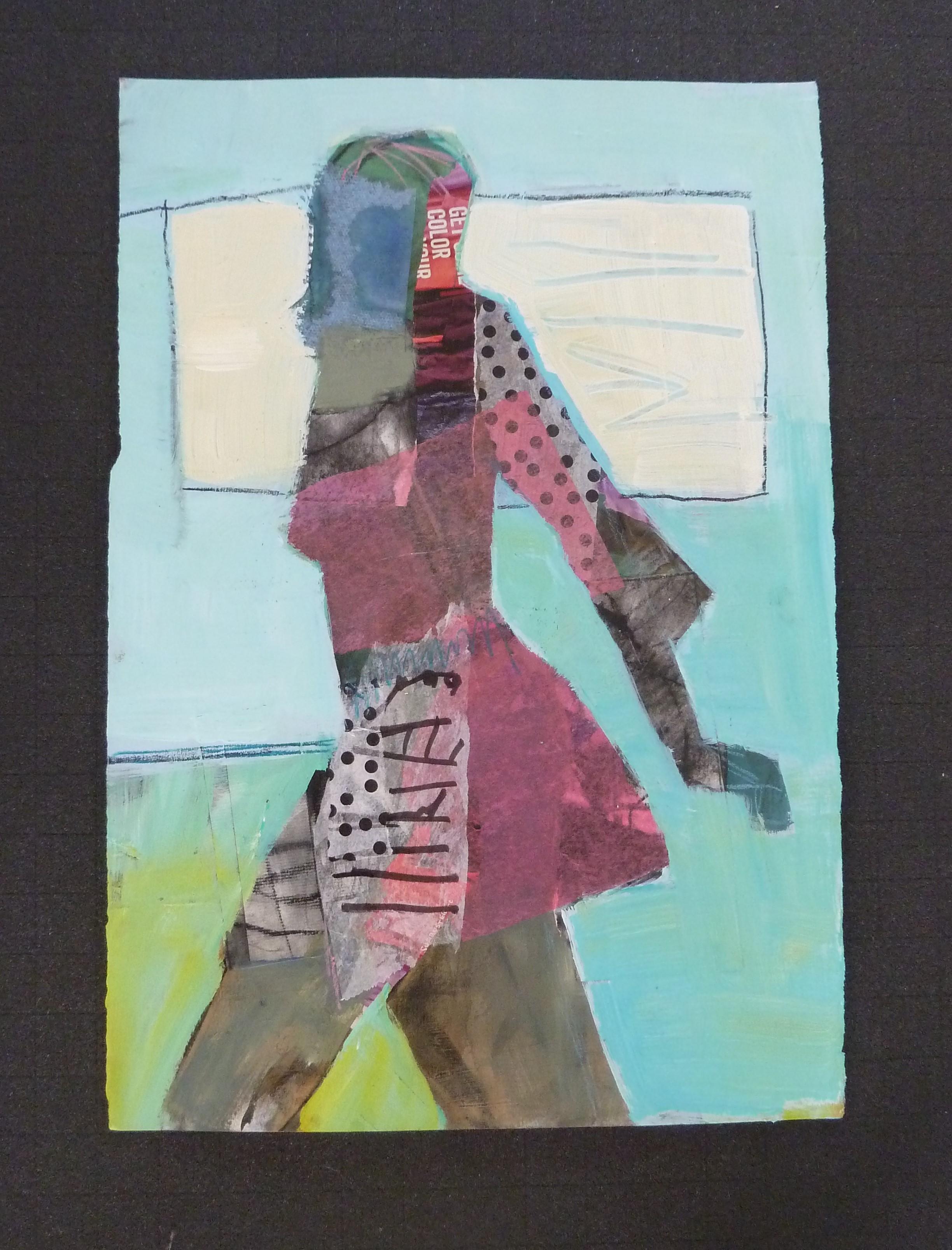 <p>Artist Comments<br>Artist Gail Ragains captures the gesture of a woman in motion. The abstraction of the figure allows the viewer an interpretation of their own. Gail creates vigorous energy with collaged elements, polka dots, and enticing hues