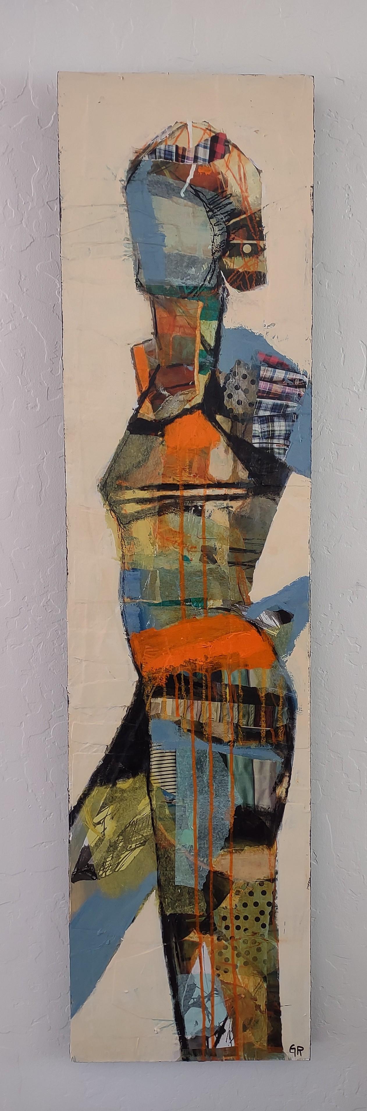 <p>Commentaires de l'artiste<br>L'artiste Gail Ragains capture un modèle en pleine pose, dépeignant sa silhouette avec un mélange de papiers de collage, de glacis acryliques et de pastels à l'huile. La combinaison de couleurs vives et la diversité