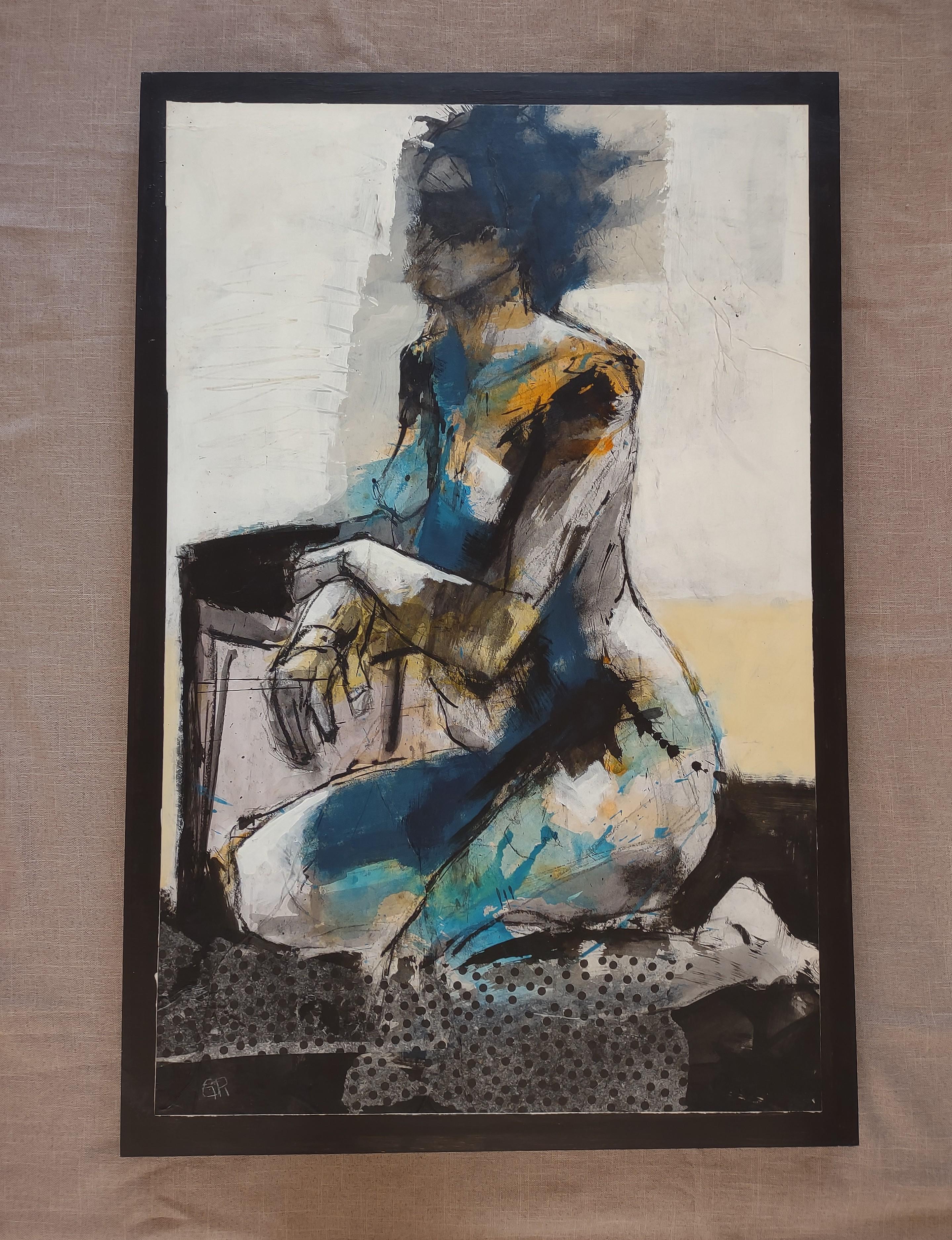 <p>Artist Comments<br>A woman kneels in a contemplative pose, her shadowed face and the hint of a mask over her eyes creating a mysterious aura. Muted grays emphasize splashes of orange and blue. Artist Gail Ragains pushes into abstraction through