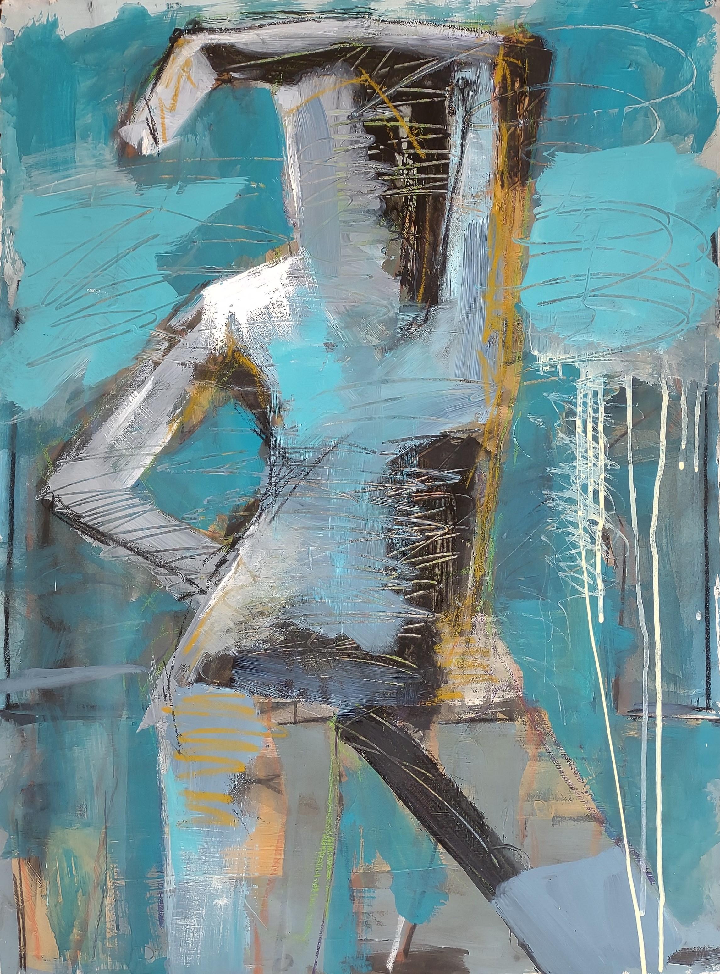 Figur in Blau, Abstraktes Gemälde – Mixed Media Art von Gail Ragains