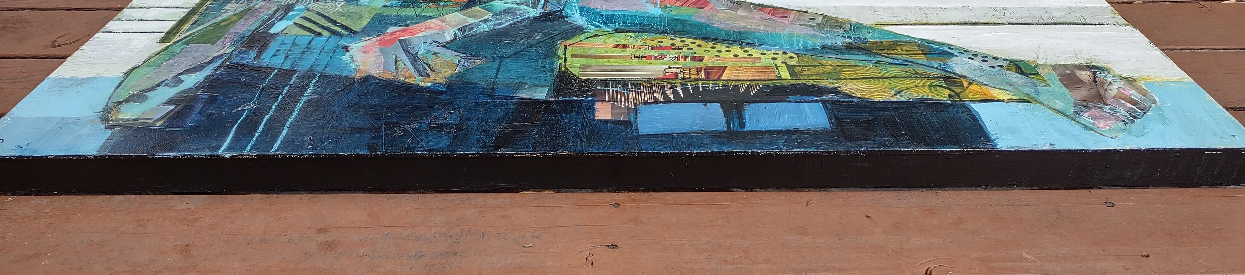 Figure couchée en bleu, peinture abstraite - Abstrait Mixed Media Art par Gail Ragains