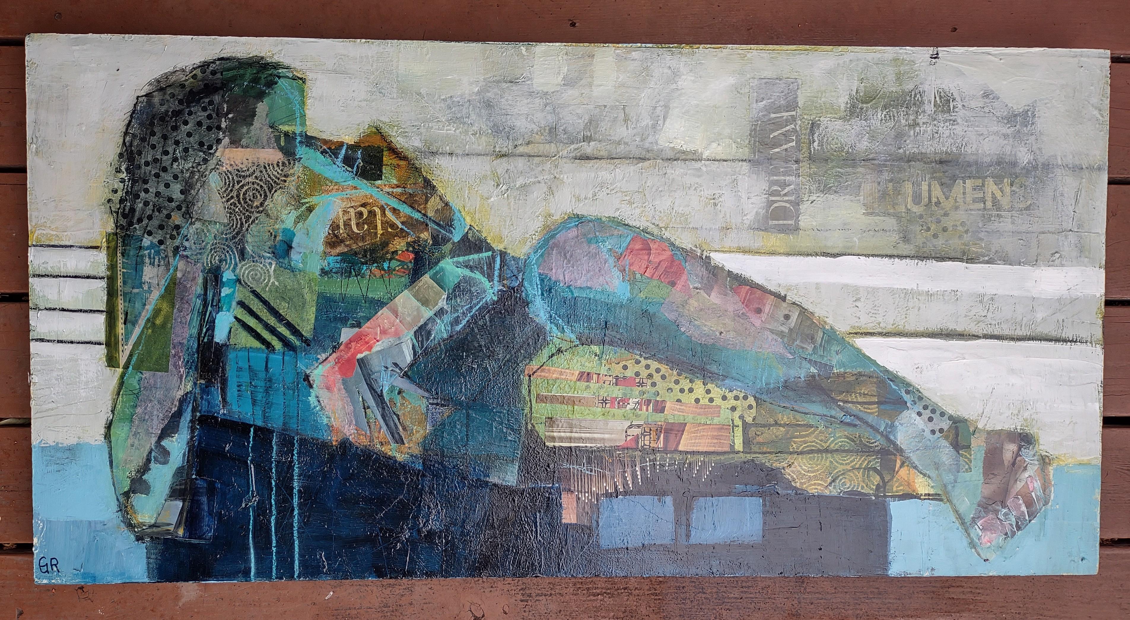 <p>Commentaires de l'artiste<br>Une figure allongée prend forme à travers des papiers de collage colorés. Des couches de peinture, de texte et d'images s'écoulent dans une expression aléatoire et libre. Malgré les textures et les motifs énergiques,
