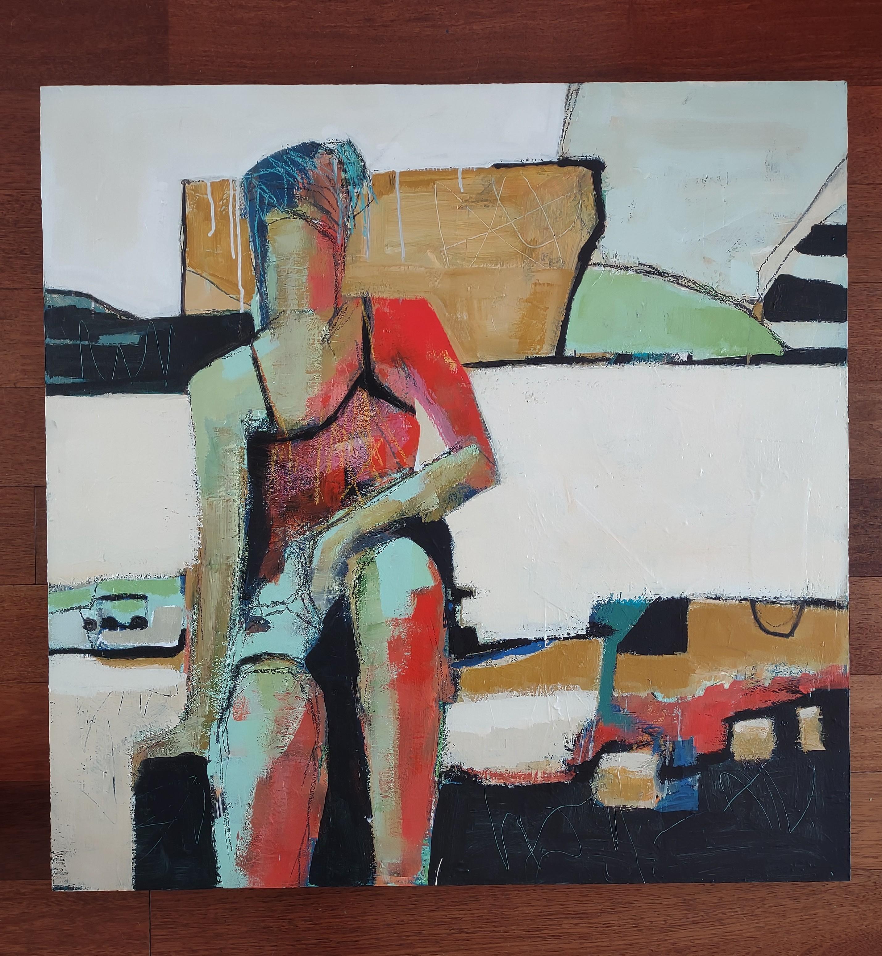 <p>Artist Comments<br>A woman sits in a relaxed position, her figure blending with the landscape of shapes and muted colors. Layers of paint and gestural line work give texture to the piece. The artwork reminisces about the Bay Area figurative