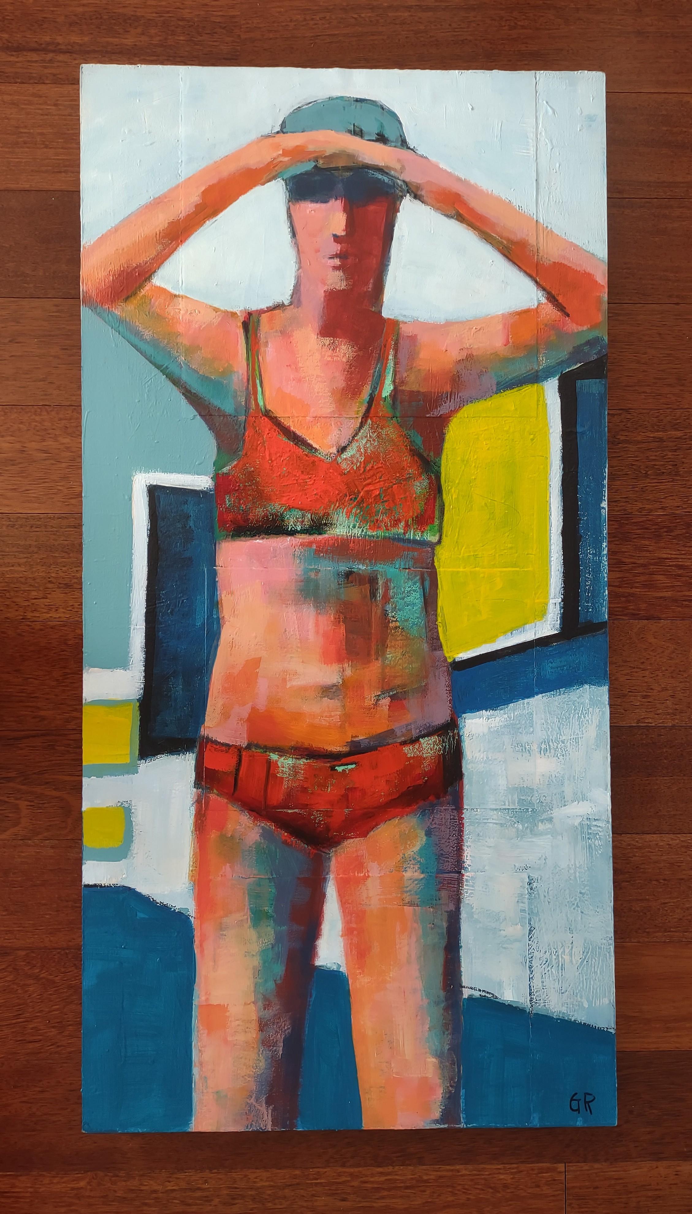 <p>Artist Comments<br>Caught in a moment of decision-making, a swimmer raises both hands to her forehead and scans her view. Whether choosing a lane or facing something larger in life, she holds a feeling of anticipation. Bold, simple shapes give
