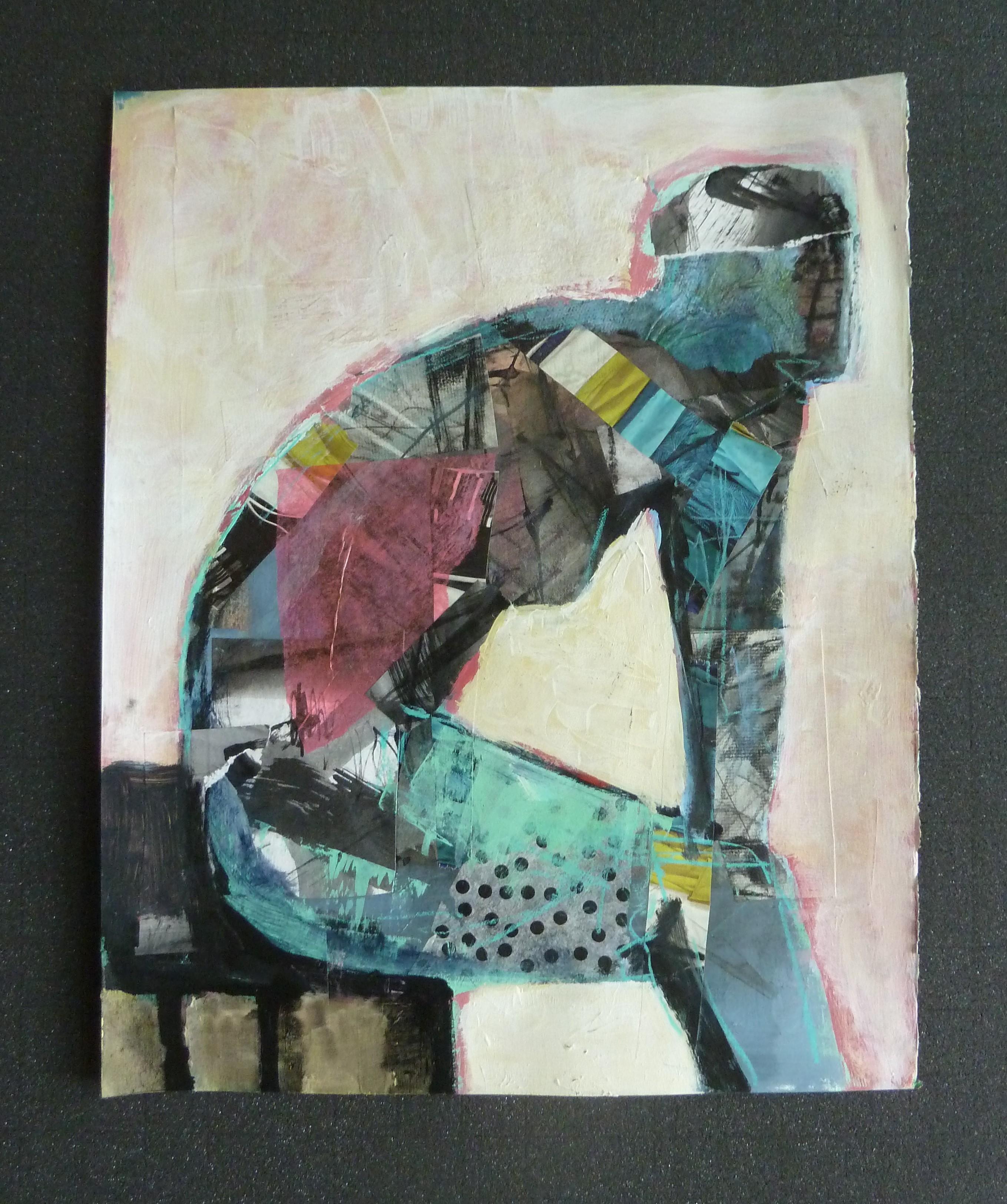 <p>Artist Comments<br>Strong simple shapes create a figurative abstract in artist Gail Ragains's piece. An impression of a nude woman sits on a stool with her back hunched in contemplation. 