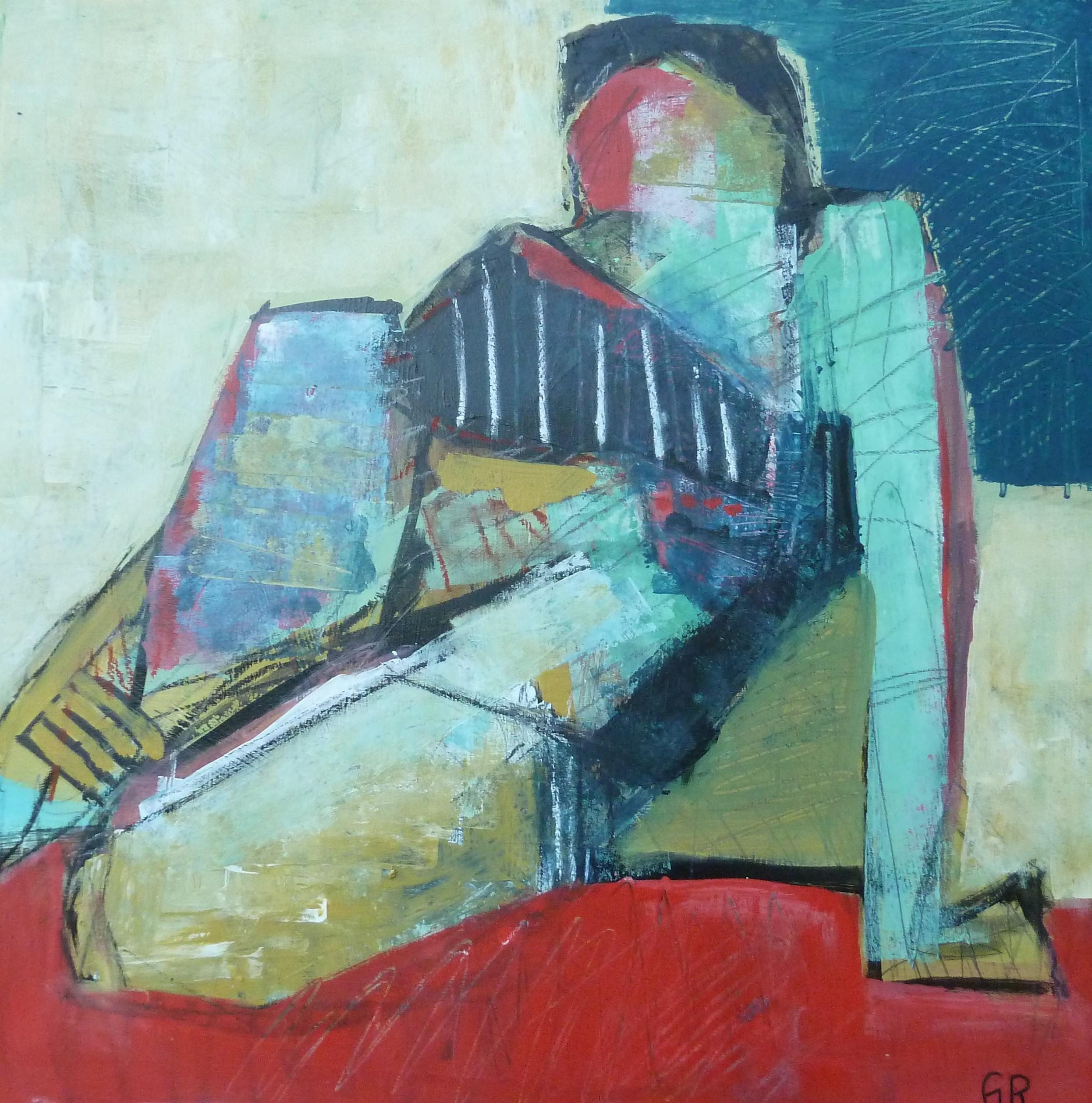 <p>Artist Comments<br>An abstract rendition of a reclining female figure in tones of teal, red, olive, and dark blue by artist Gail Ragains. The woman poses in one hand with her legs folded under. "The use of colors is very provocative and strong,"
