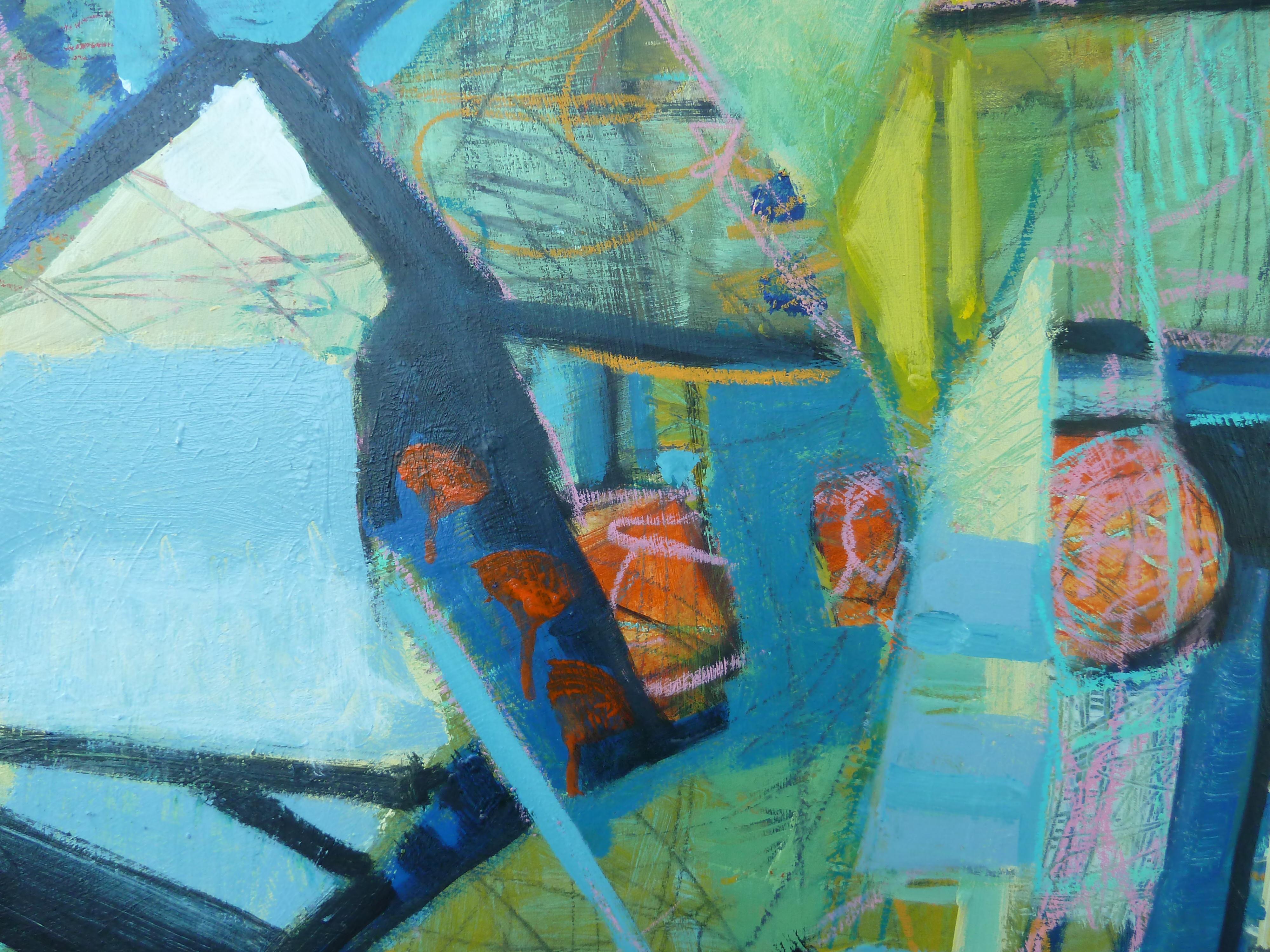 <p>Artist Comments<br>Artist Gail Ragains depicts three abstract figures sitting together in shades of blue, teal, green, and yellow. Warm accents of orange and pink balance the dominantly verdant composition. 