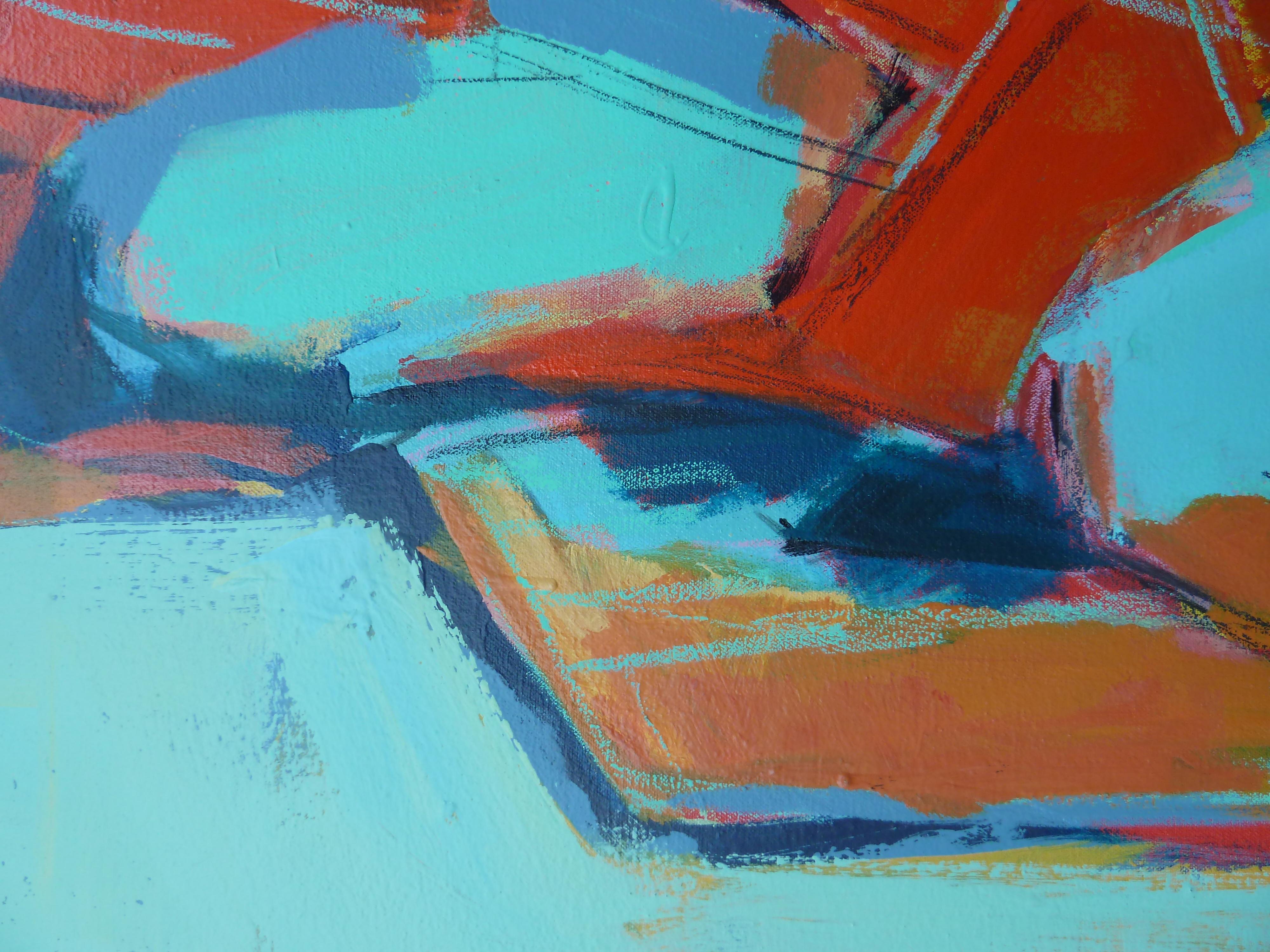 <p>Artist Comments<br />Referencing one of her many life drawings, artist Gail Ragains creates an expressive portrait with bold blocks of color. Her subject sits in a relaxed position with one leg tucked under and the other right in front. The