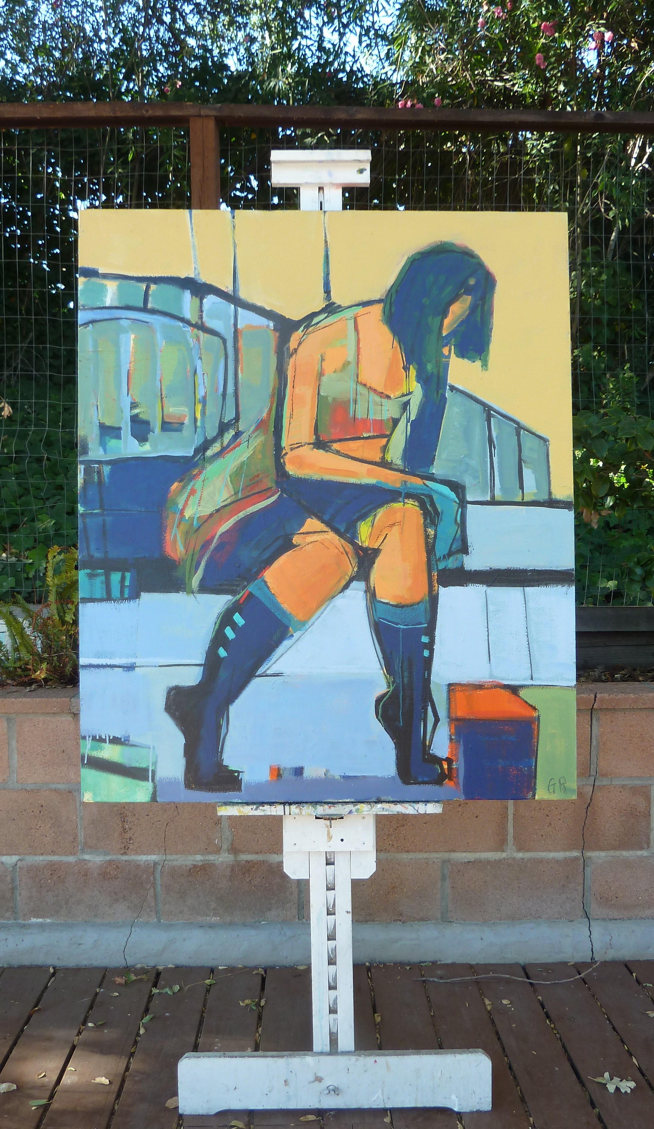 With Her Thoughts, Original Painting - Gray Figurative Painting by Gail Ragains
