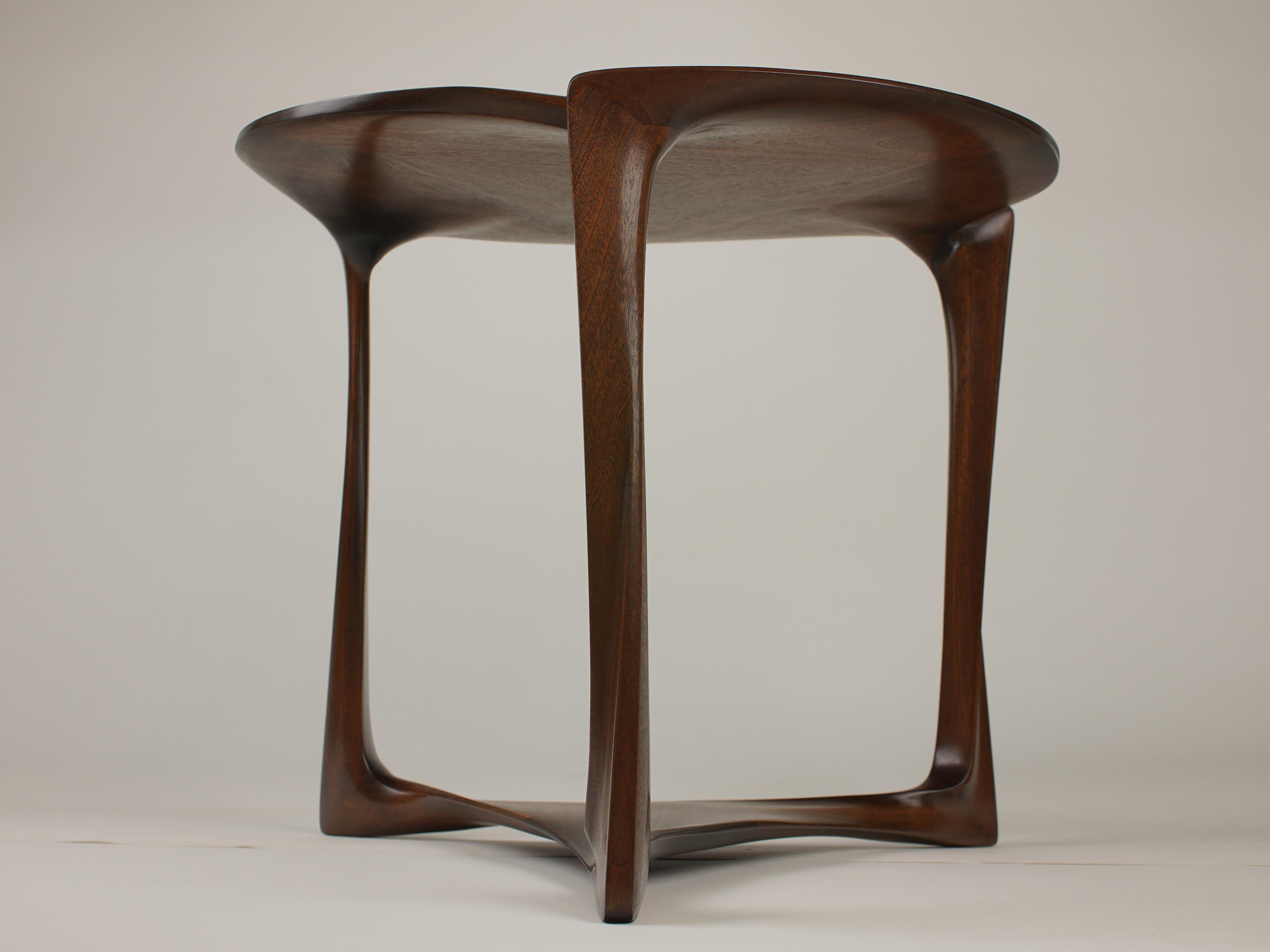 Hand-Crafted Gail-Sculpted, Contemporary, Carved, Sensuous Sapele 3-Legged Occasional Table For Sale