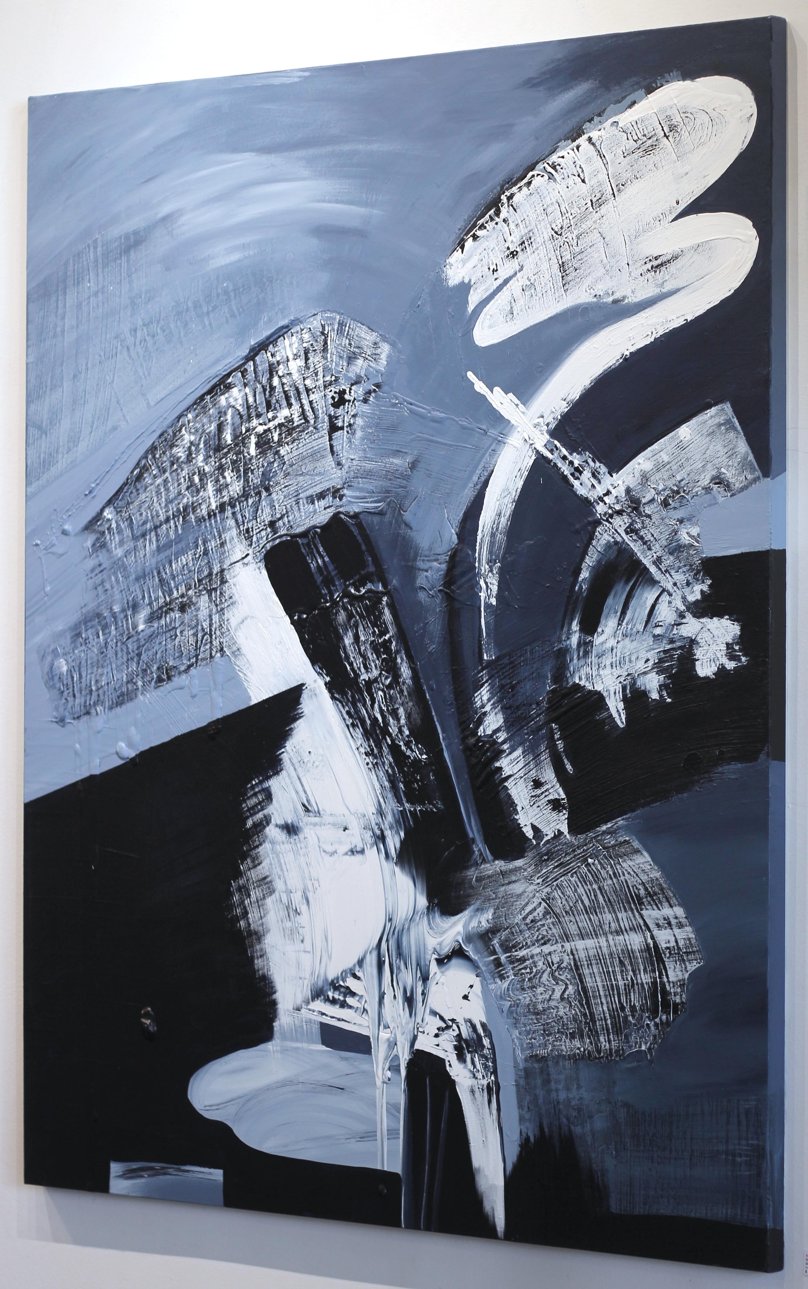 Destiny - Grande peinture texturée originale d'abstraction gestuelle en noir et blanc - Bleu Abstract Painting par Gail Titus