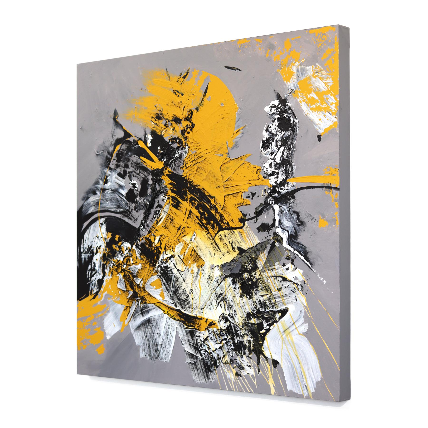 Golden Moments - Impasto Textural Amarillo Negro Blanco Abstracto Pintura Original en venta 2