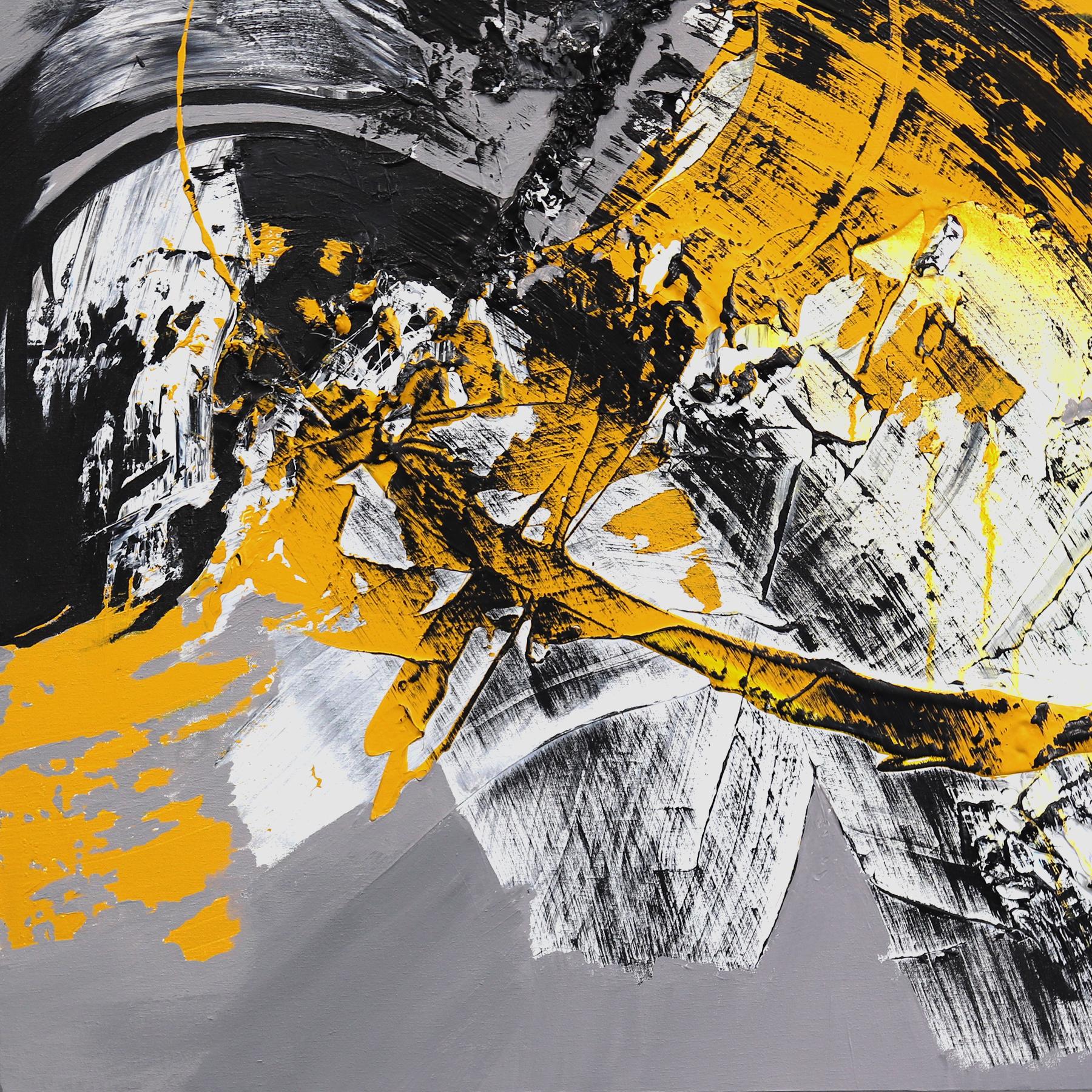 Goldene Momente - Impasto Textural Gelb Schwarz Weiß Abstrakt Originalgemälde im Angebot 5