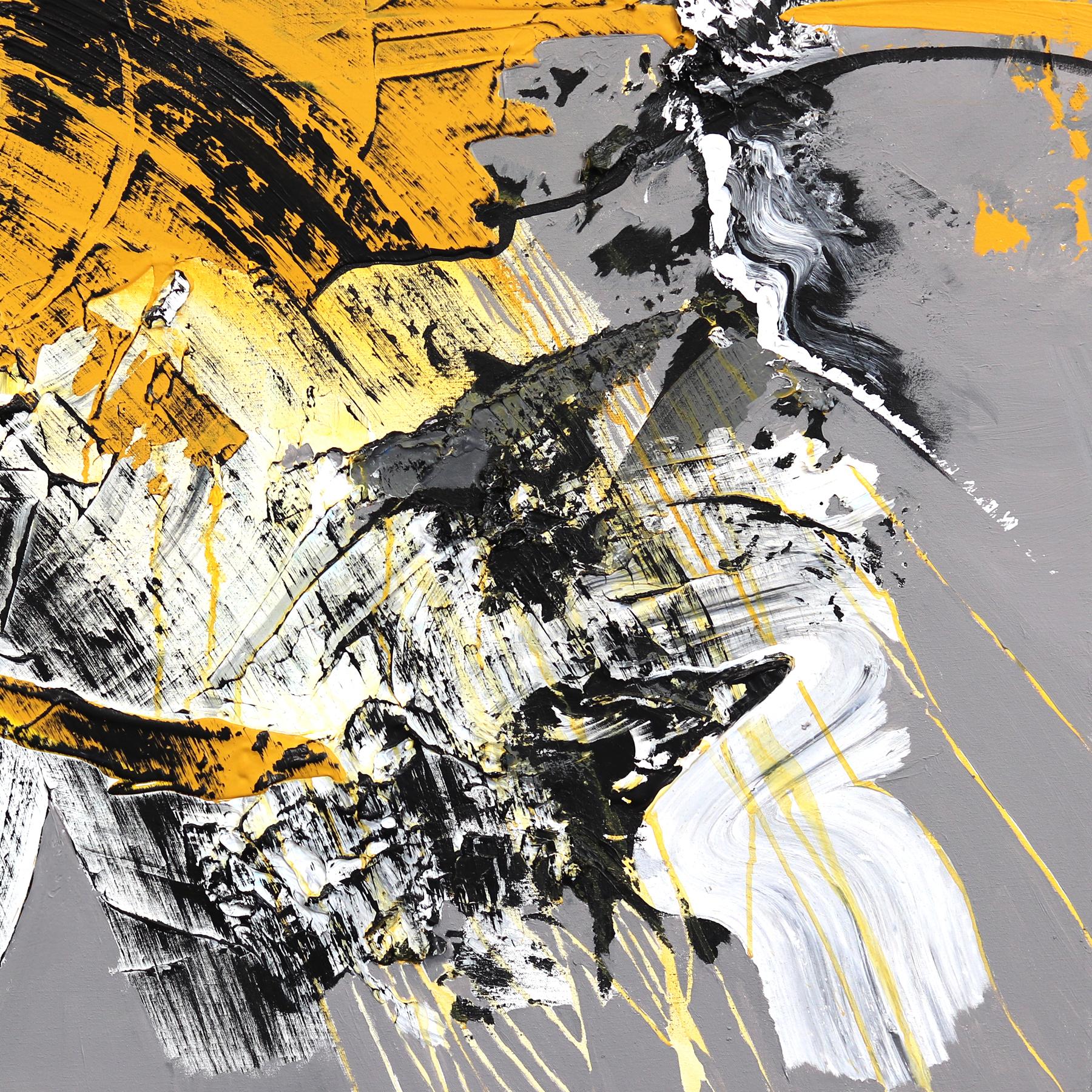 Golden Moments - Impasto Textural Amarillo Negro Blanco Abstracto Pintura Original en venta 6