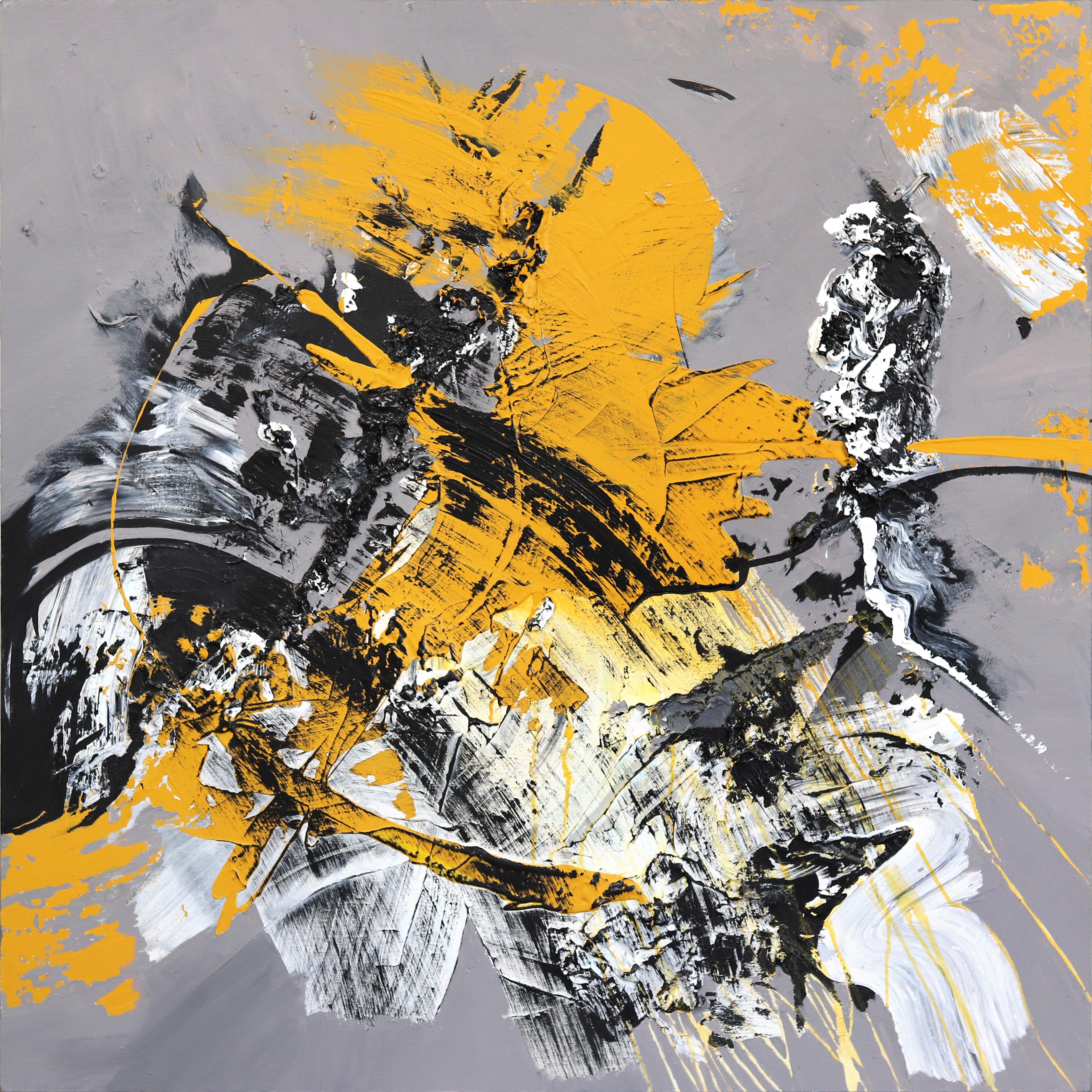 Golden Moments - Impasto Textural Amarillo Negro Blanco Abstracto Pintura Original - Art de Gail Titus
