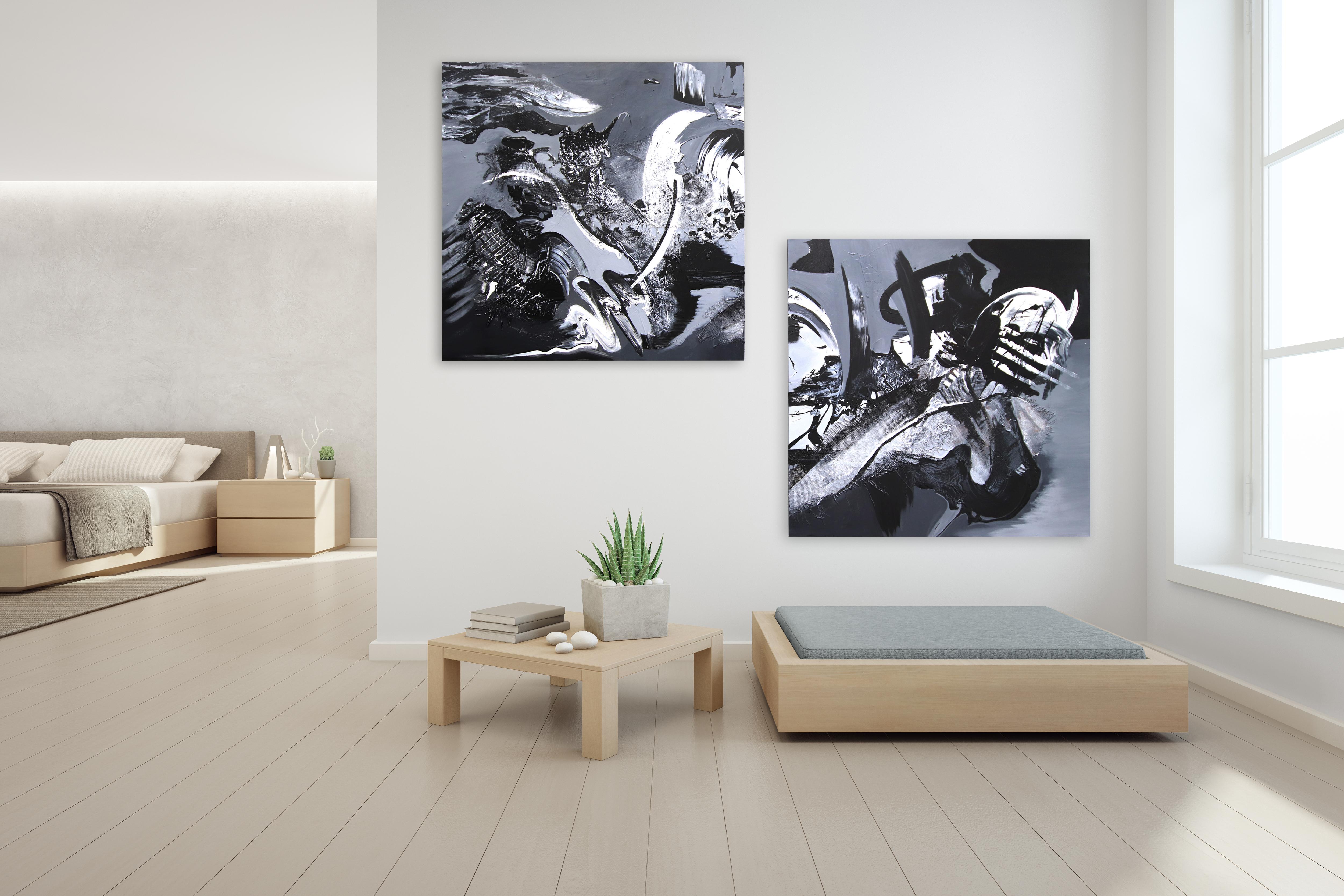 Gran Obra de Arte Abstracta Dinámica en Blanco y Negro - Fuerzas Gravitacionales (Díptico) en venta 2